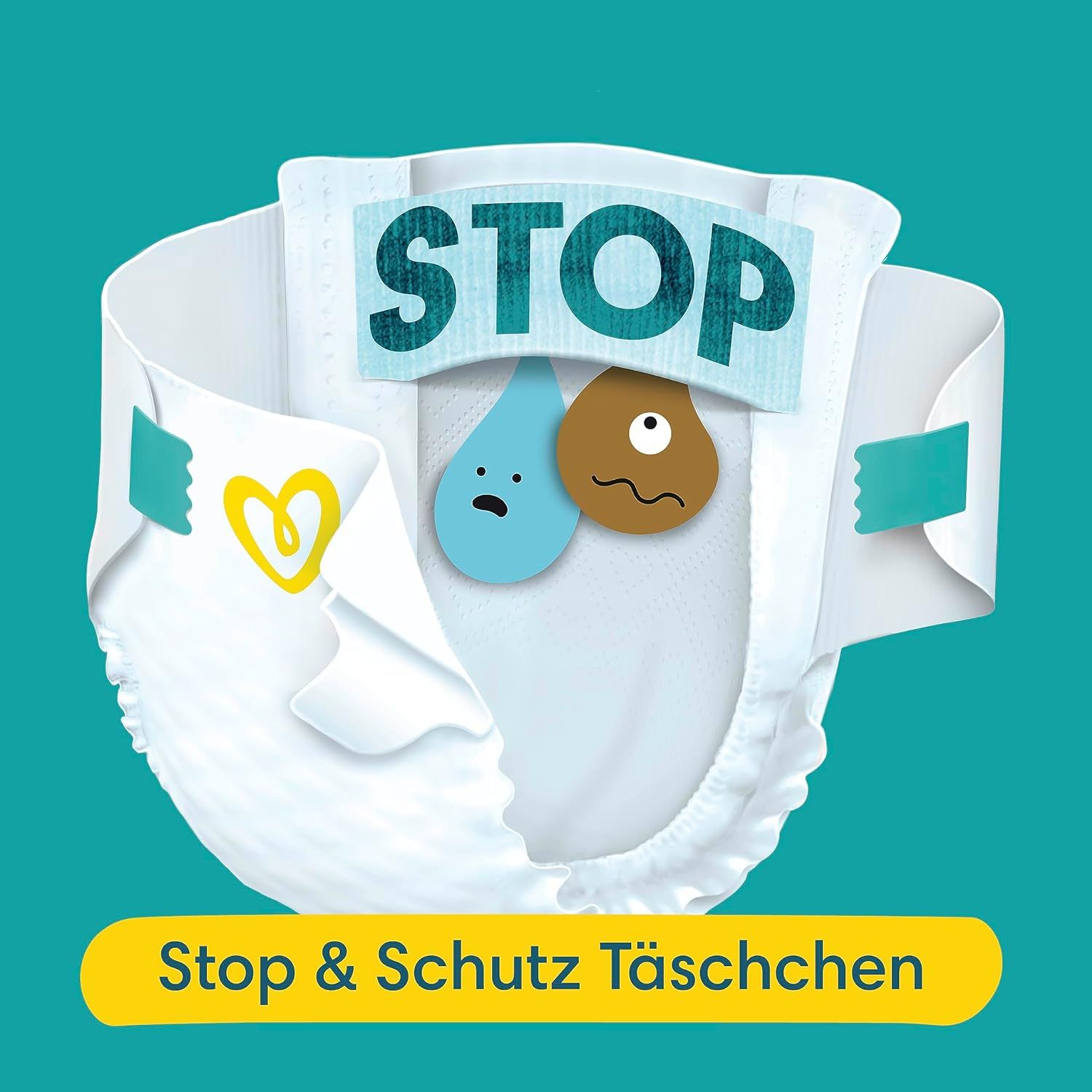 Couche ouverte avec pochette Stop & Protection. Illustrations de gouttes et de selles. Logo cœur jaune. Texte : Stop & Protection.