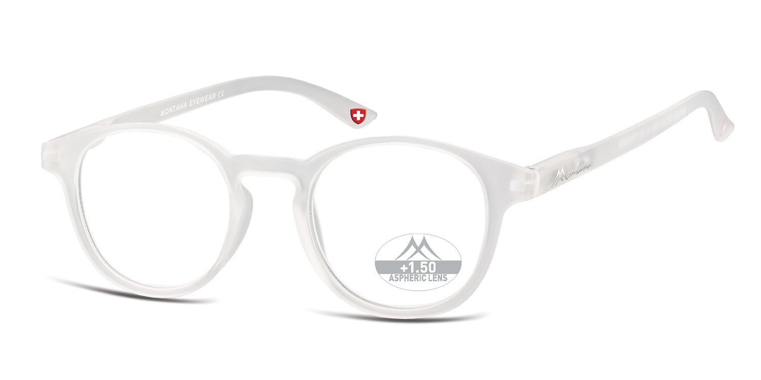 Lunettes rondes, verres transparents, monture gris clair. Inscription "+1.50" sur les verres.