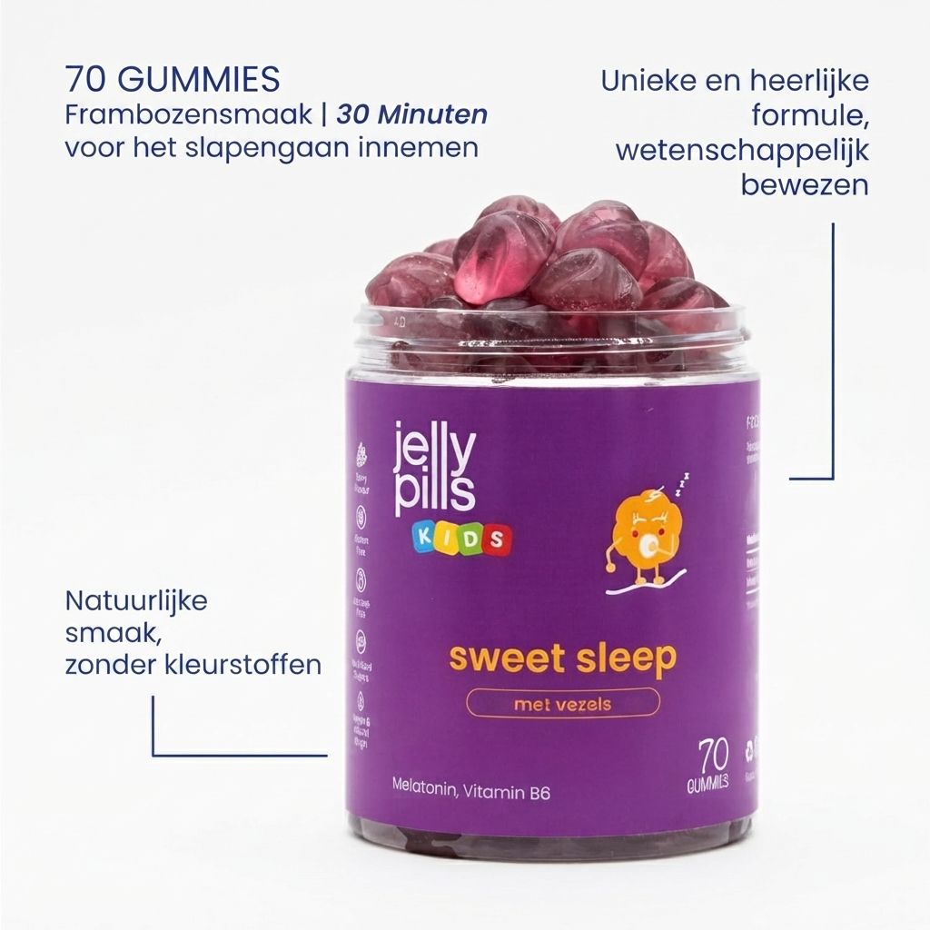 Een pot Jelly Pills Sweet Sleep Kinder Gummies, 70 stuks, met frambozensmaak.
