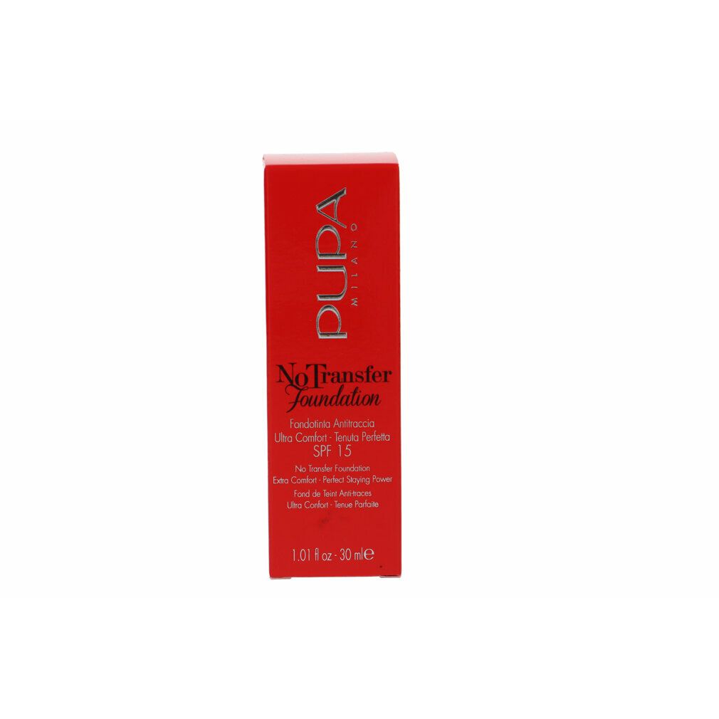 Rode Pupa-verpakking. Tekst: No Transfer Foundation SPF15, Fondotinta Antitraccia, Ultra Comfort. Productinformatie.