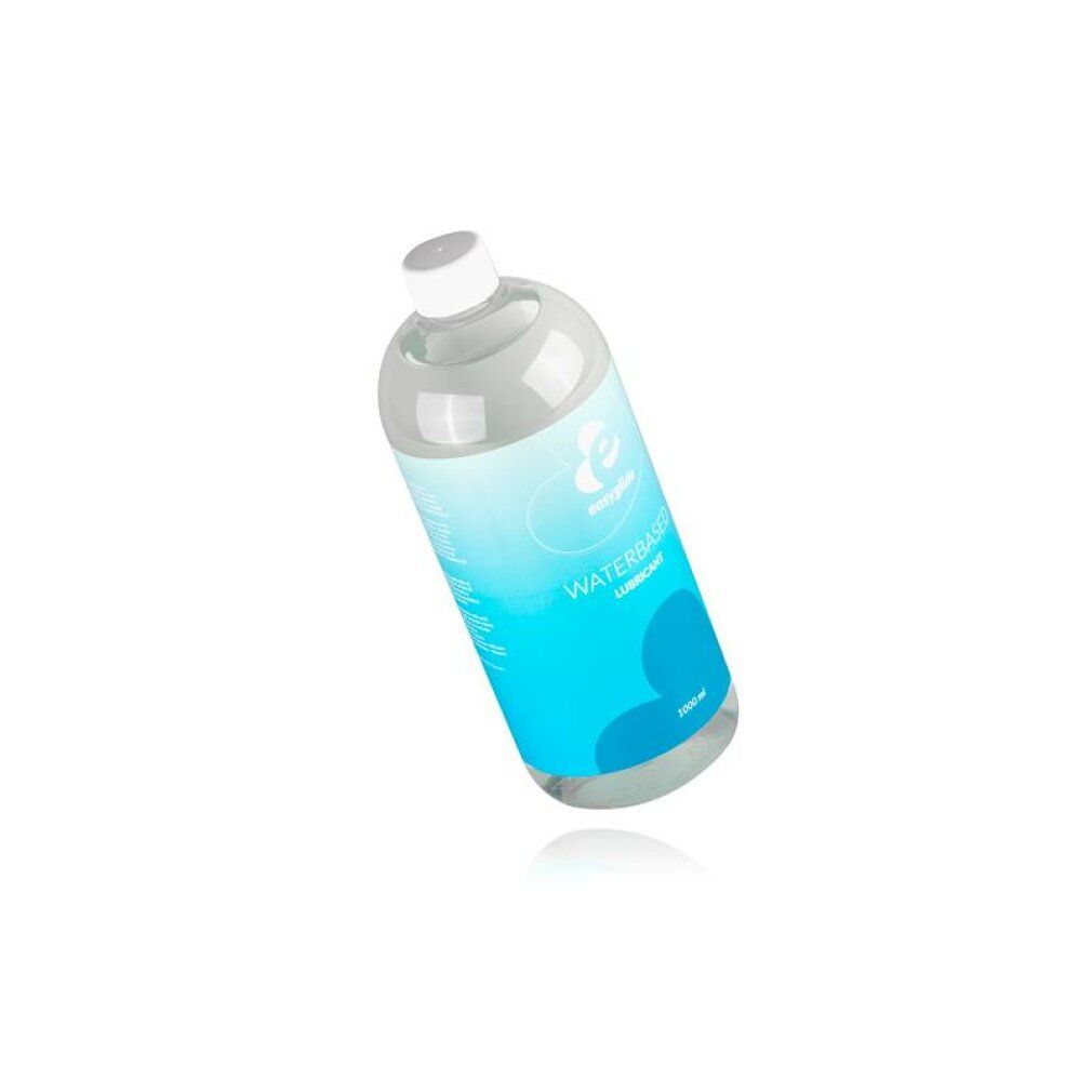 Schuin geplaatste transparante fles met blauw etiket. Logo en tekst "WATERBASED LUBRICANT". Inhoud: 1000 ml.