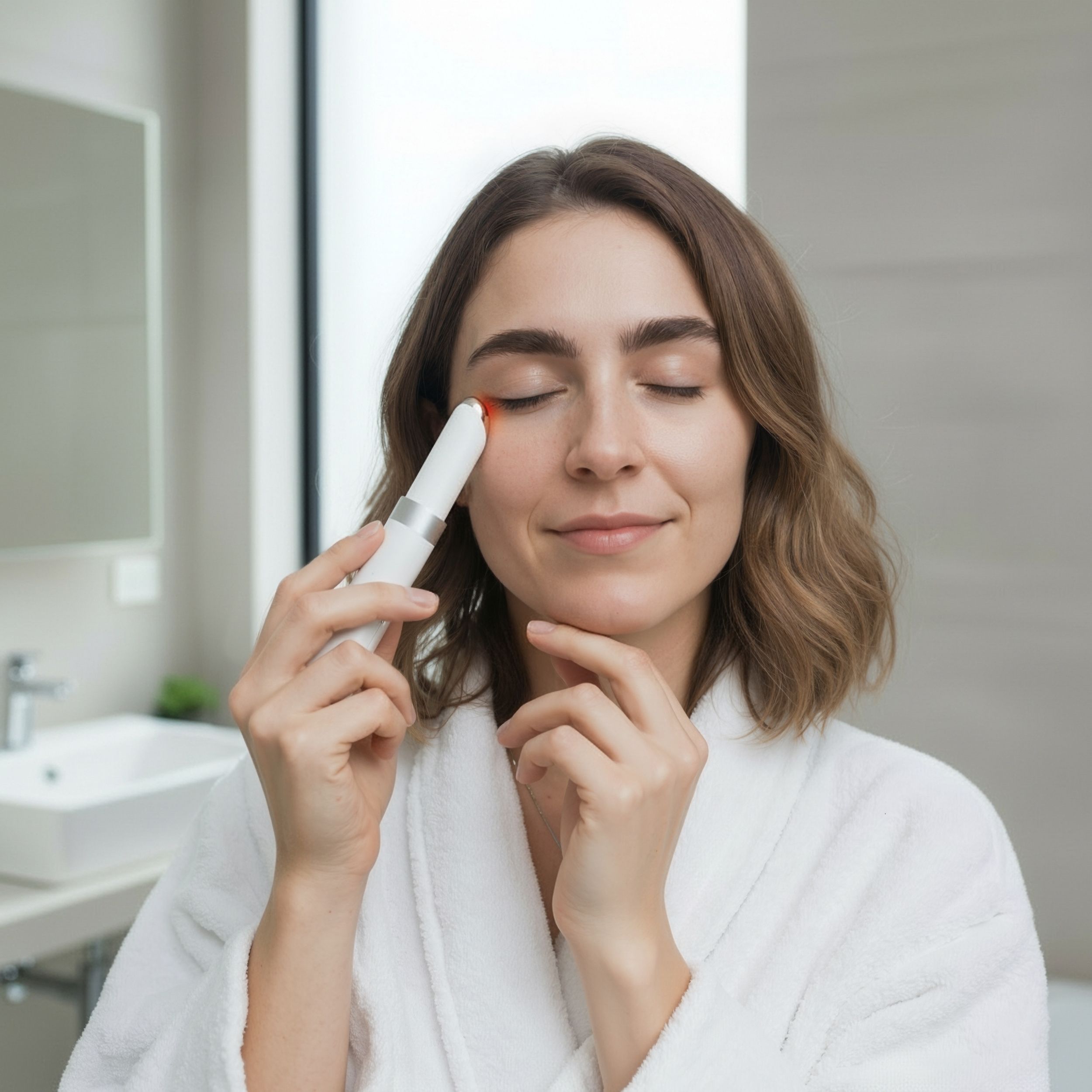 Femme tenant un stylo de soin des yeux blanc. Stylo avec lumière rouge. La femme ferme les yeux.