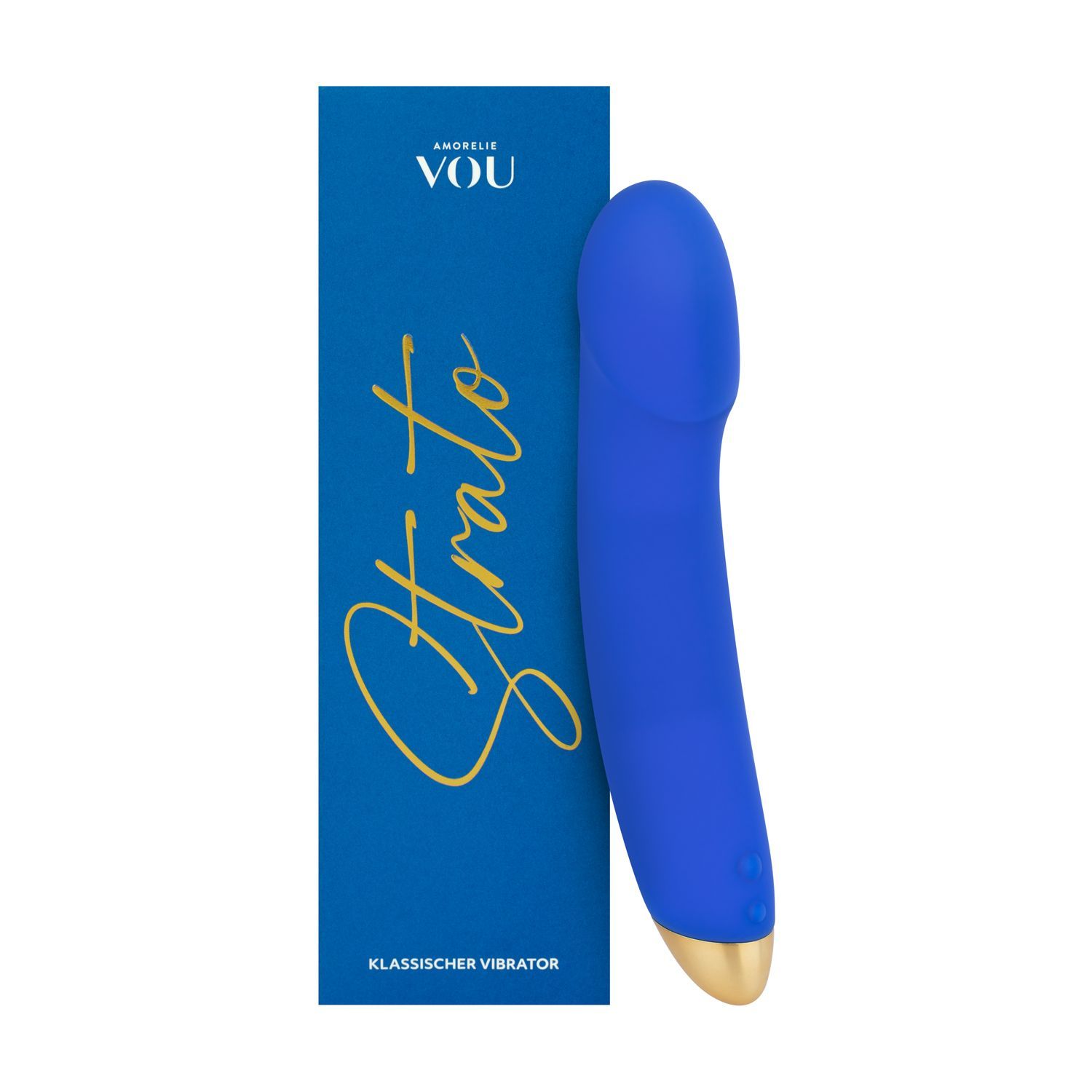 Blauwe vibrator met gouden uiteinde en verpakking. Op de verpakking staat "Strato" en "Klassieke vibrator".