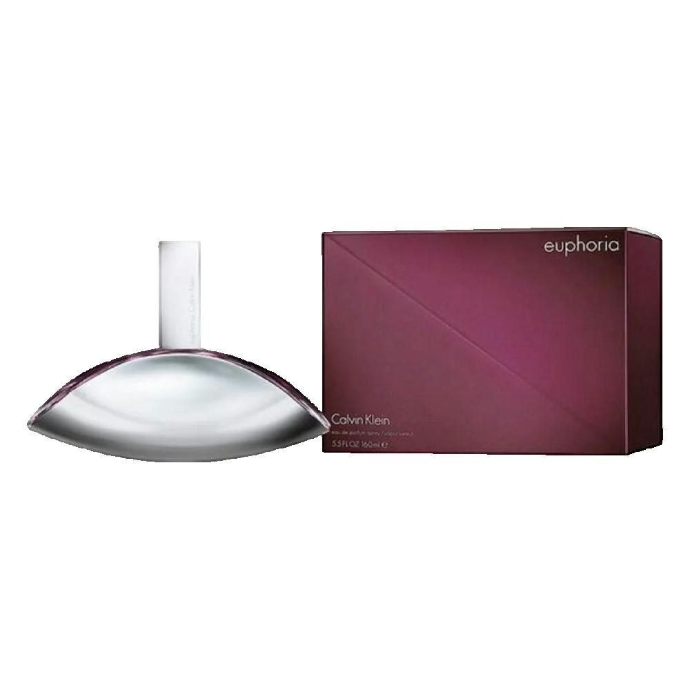 Parfumfles en verpakking. Zilverkleurige fles, druppelvormig, met paarse accenten. Donkerrode verpakking met witte tekst.