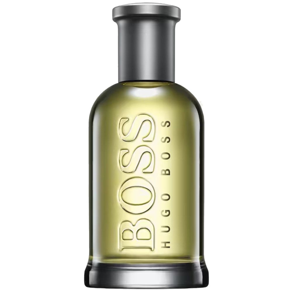 Flesje met gele vloeistof. Zilverkleurige dop. Reliëf tekst BOSS. Hugo Boss logo.