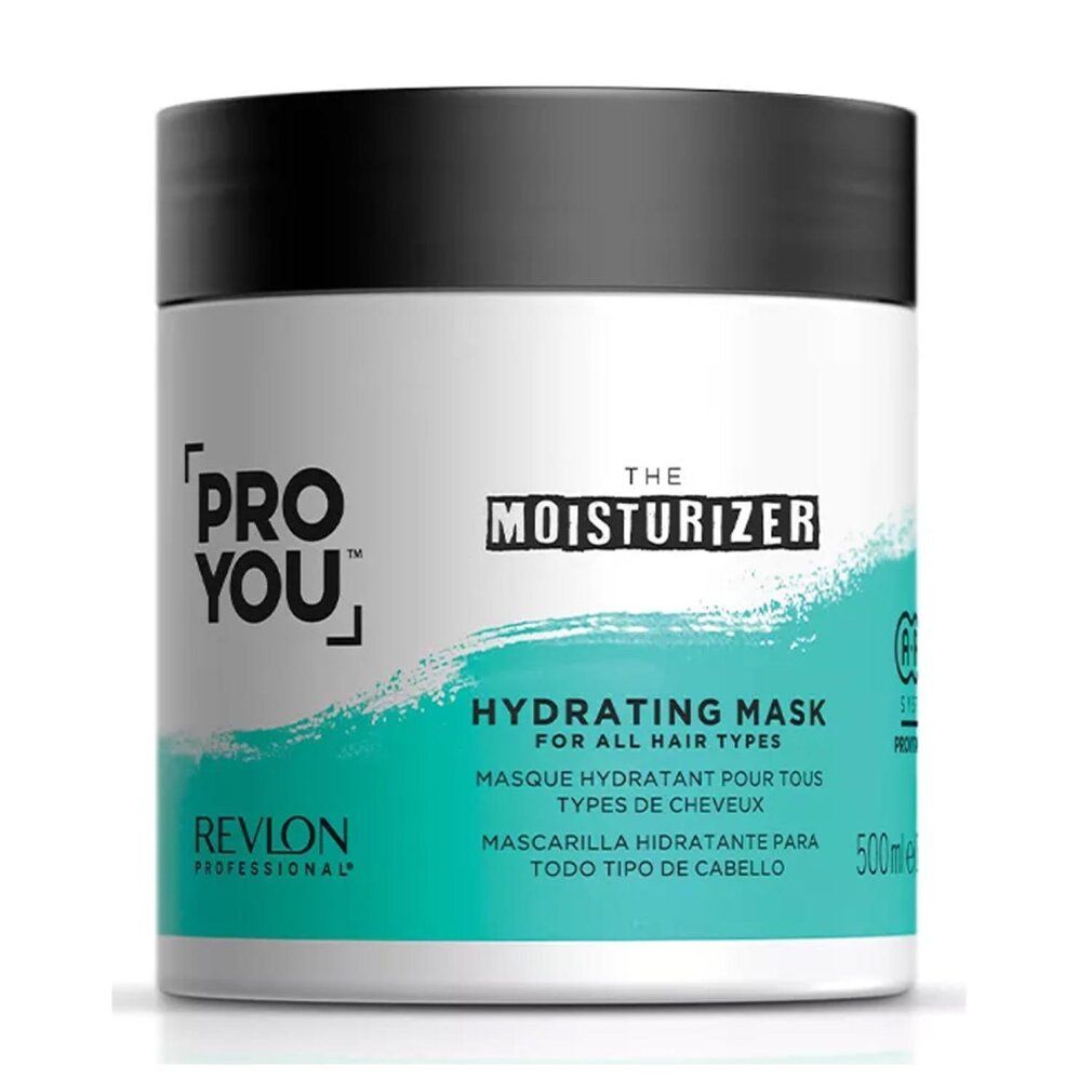 Pot blanc, couvercle noir. Inscription: PRO YOU, THE MOISTURIZER, HYDRATING MASK. Fond turquoise. 500ml.