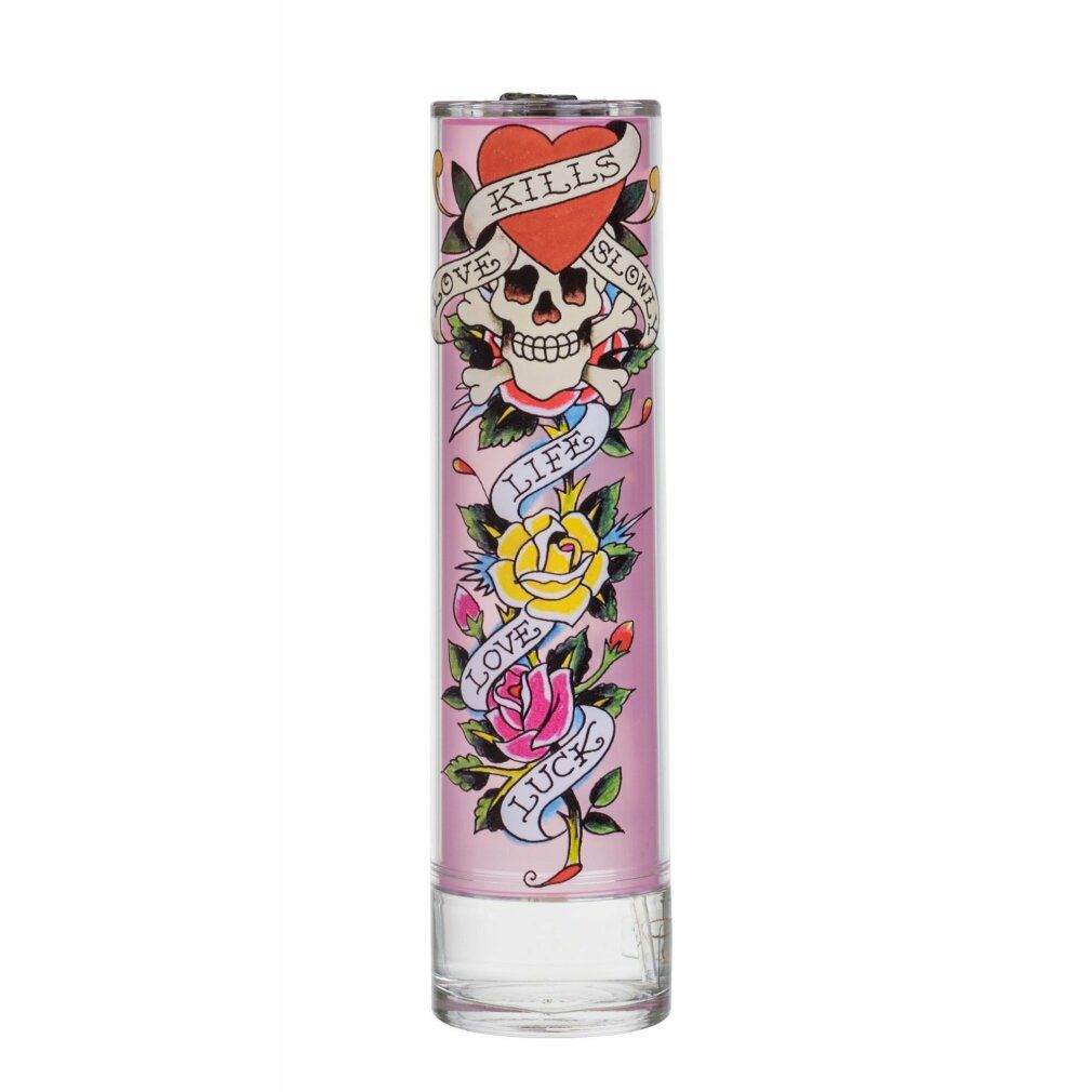 Roze fles met schedel-tattoo-ontwerp, rozen en opschriften. Transparante glazen bodem. Ed Hardy logo onderaan.