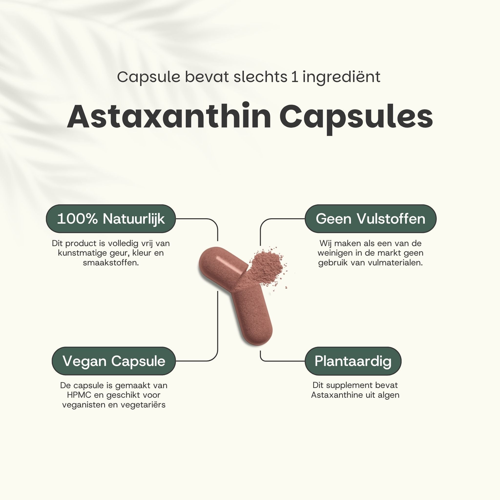 Astaxanthine capsules: slechts 1 ingrediënt, 100% natuurlijk, geen vulstoffen, vegan capsule, plantaardig.