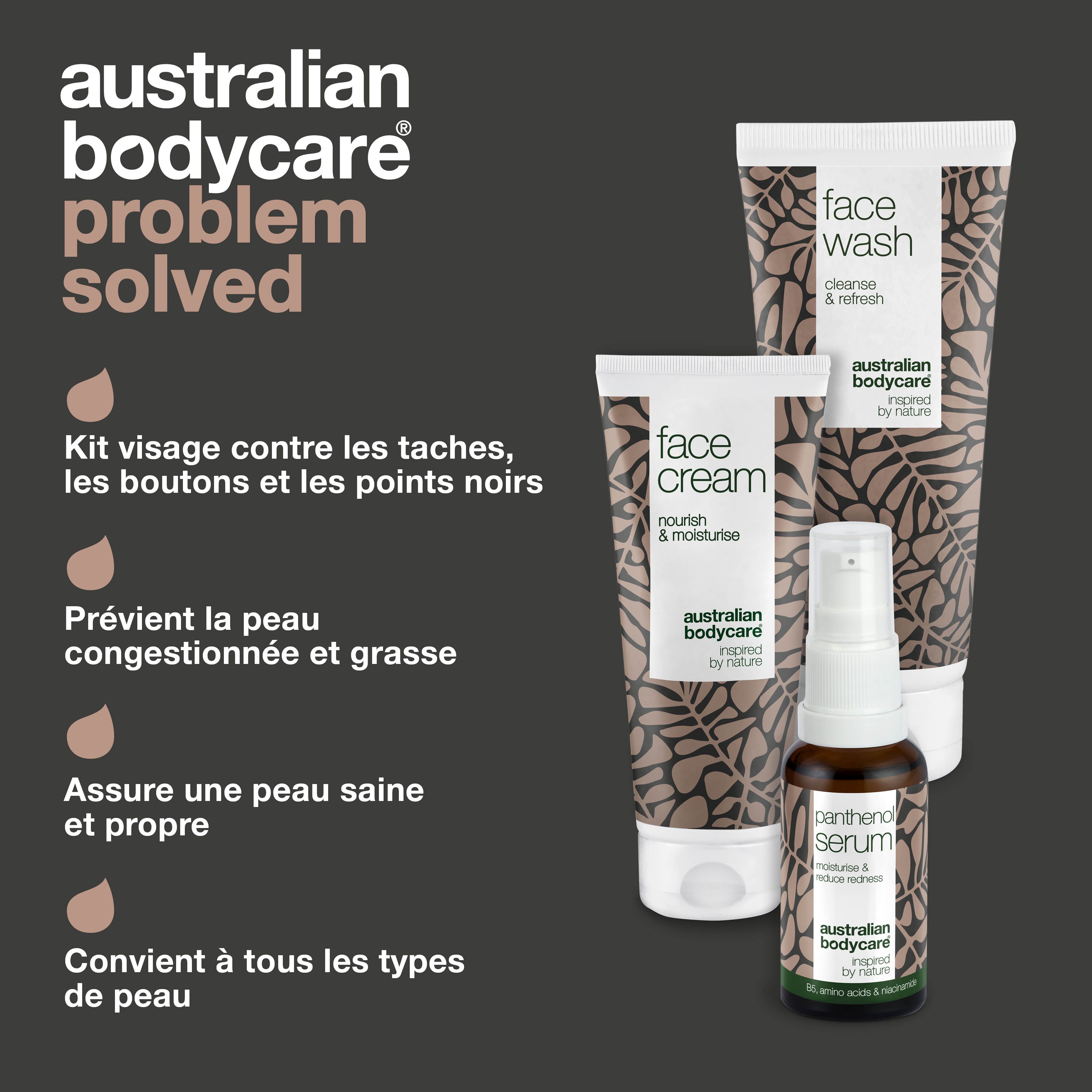 Trois produits: Face Wash, Face Cream et sérum. Texte: Soin du visage, acné, peau grasse. Marque: Australian Bodycare.