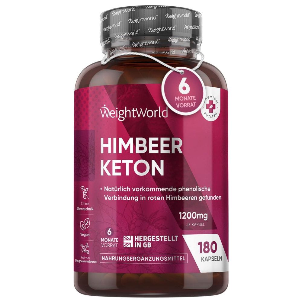 Flacon de produit avec gélules. Texte: Cétone de framboise, 1200mg, 180 gélules. 6 mois d'approvisionnement.