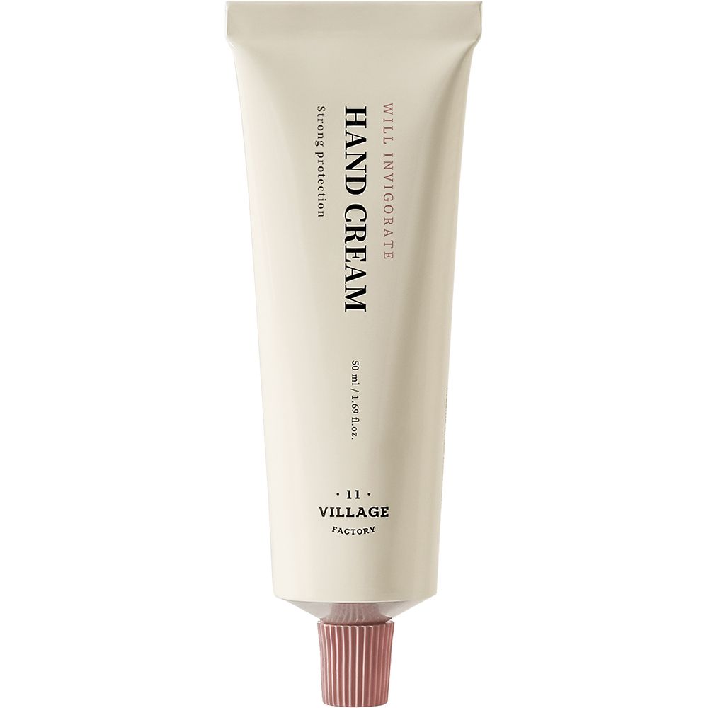 Tube de crème. Texte: WILL INVIGORATE, HAND CREAM, Strong protection, 50 ml / 1.69 fl. oz., .11 VILLAGE FACTORY. Bouchon rose.