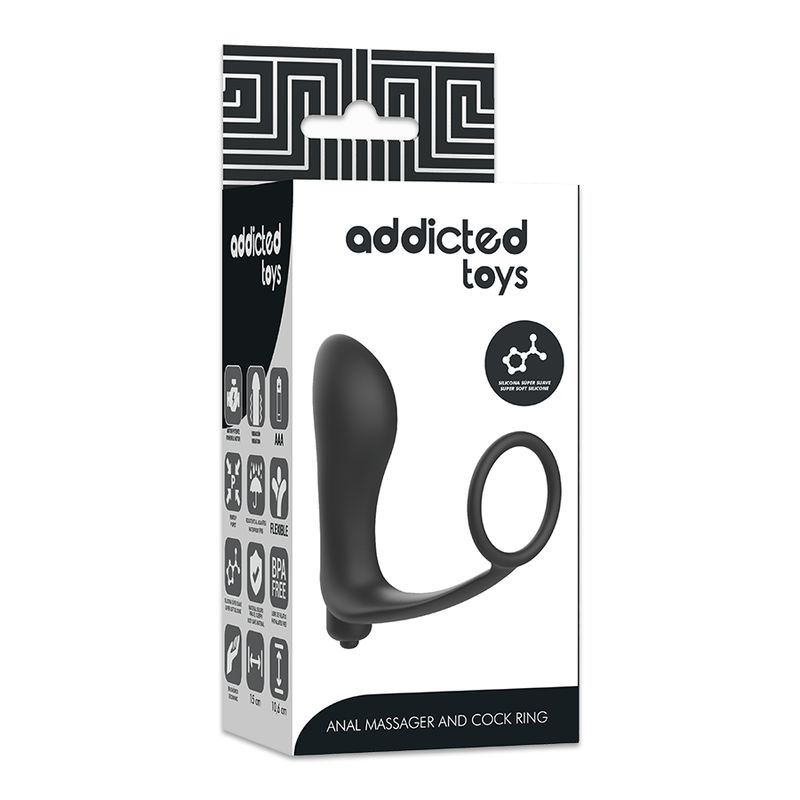 Verpakking voor een zwarte anale vibrator met penislekkering. Toont productafbeelding en iconen.