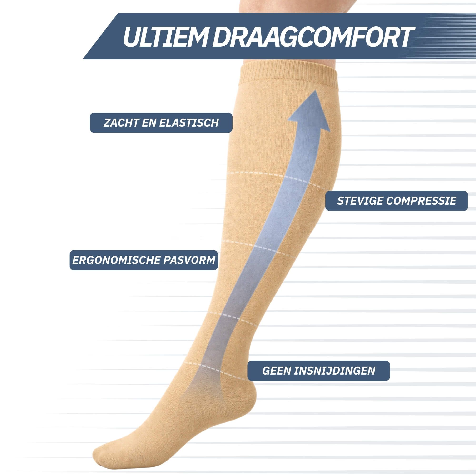 Huidkleurige compressiekousen met pijl. Zachte vezels, ademend, vochtafvoerend, ultrafijn.