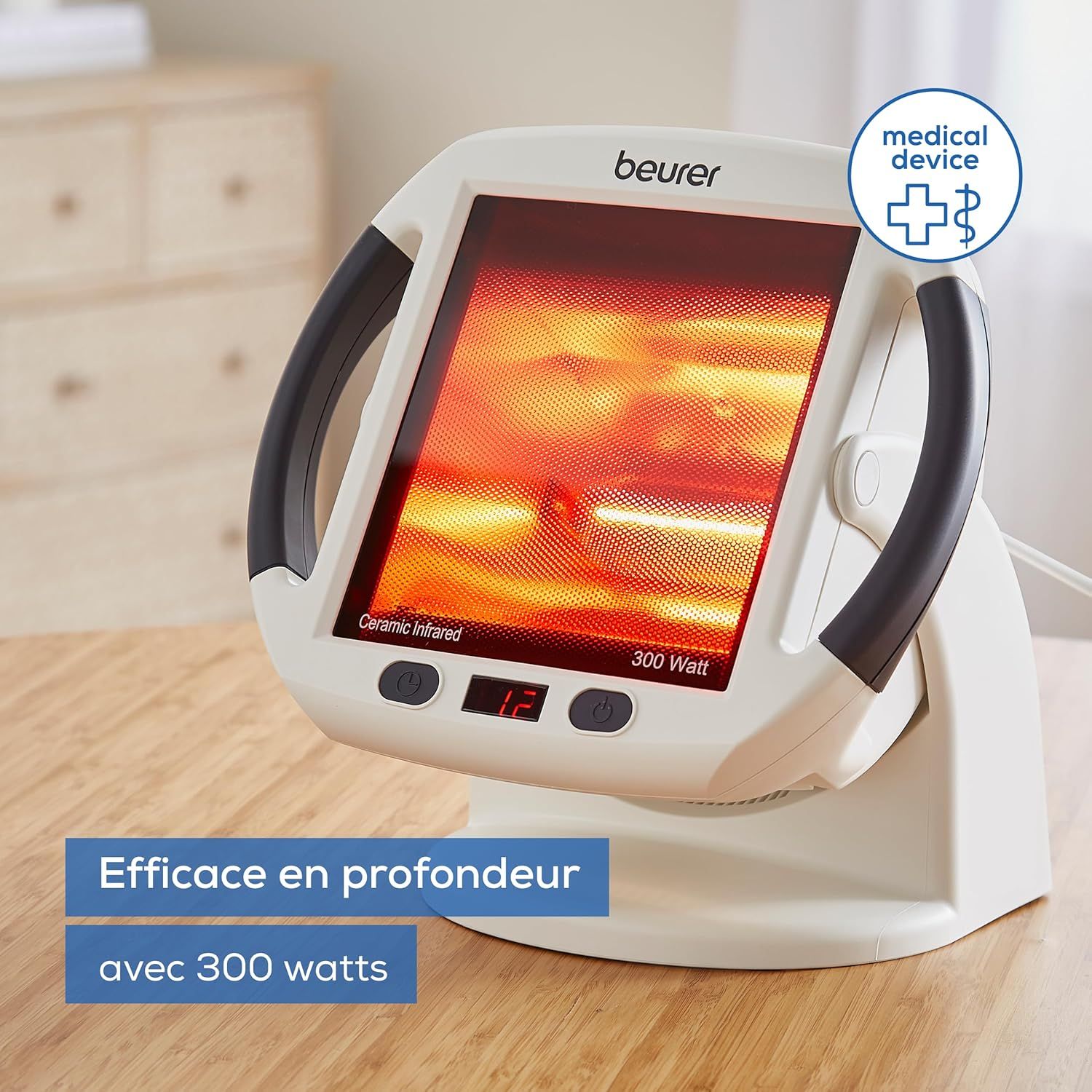 Lampe infrarouge Beurer 300 Watts, céramique infrarouge, affichage numérique et poignées.