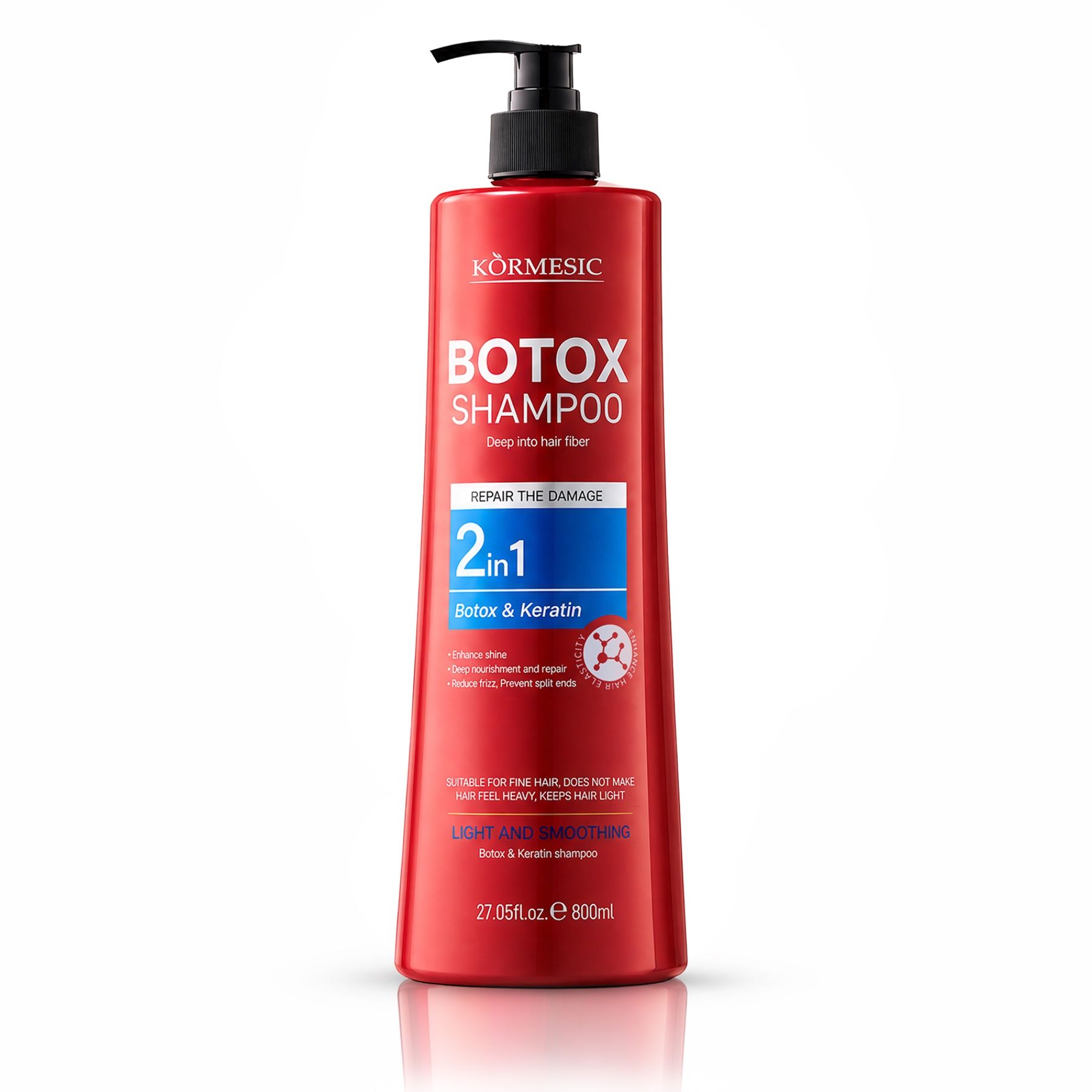 Rode fles met pompdosering: Kormesic Botox Shampoo 2in1 met Botox & Keratine.
