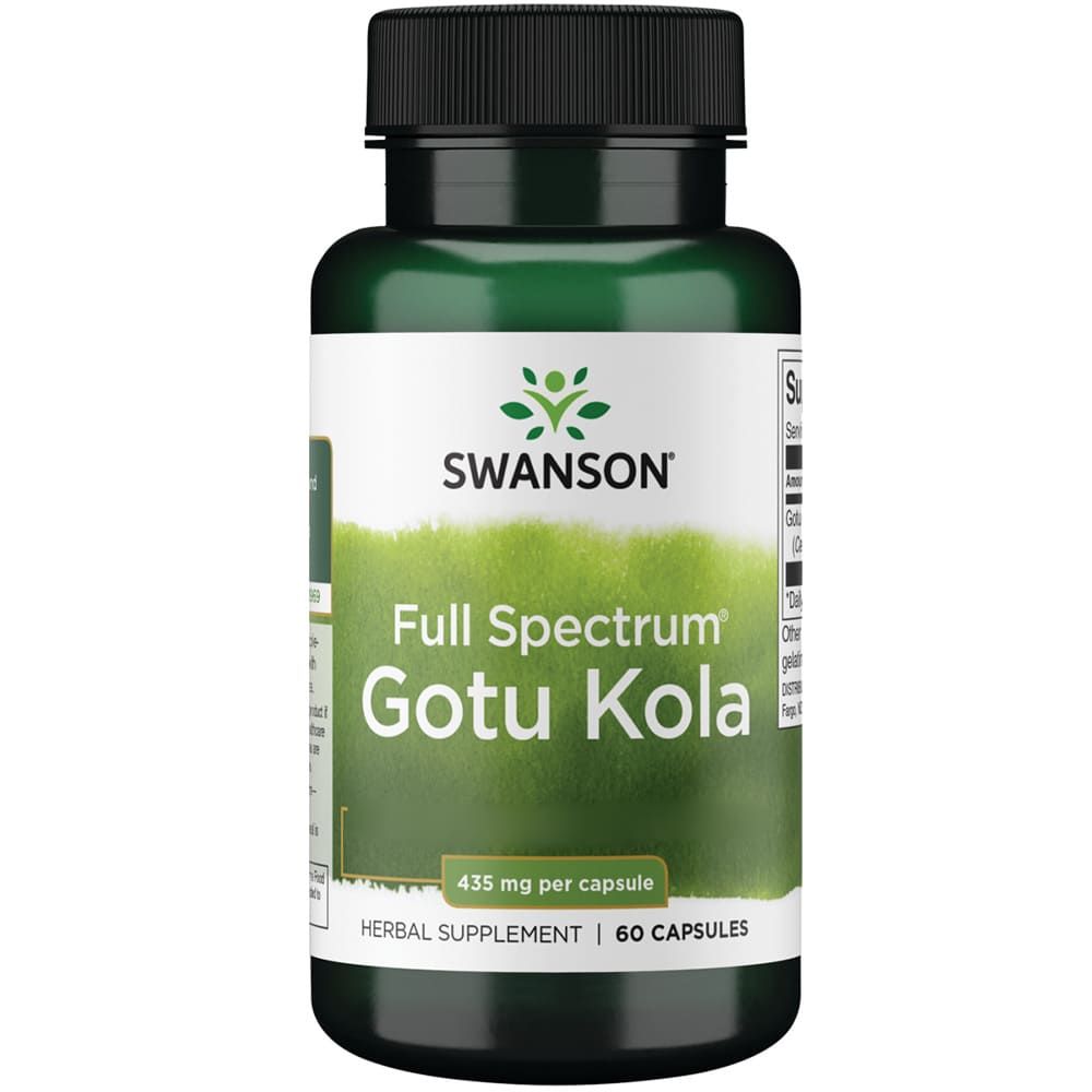 Gélule verte avec bouchon noir, étiquette 'SWANSON Full Spectrum Gotu Kola' et 435 mg par gélule.