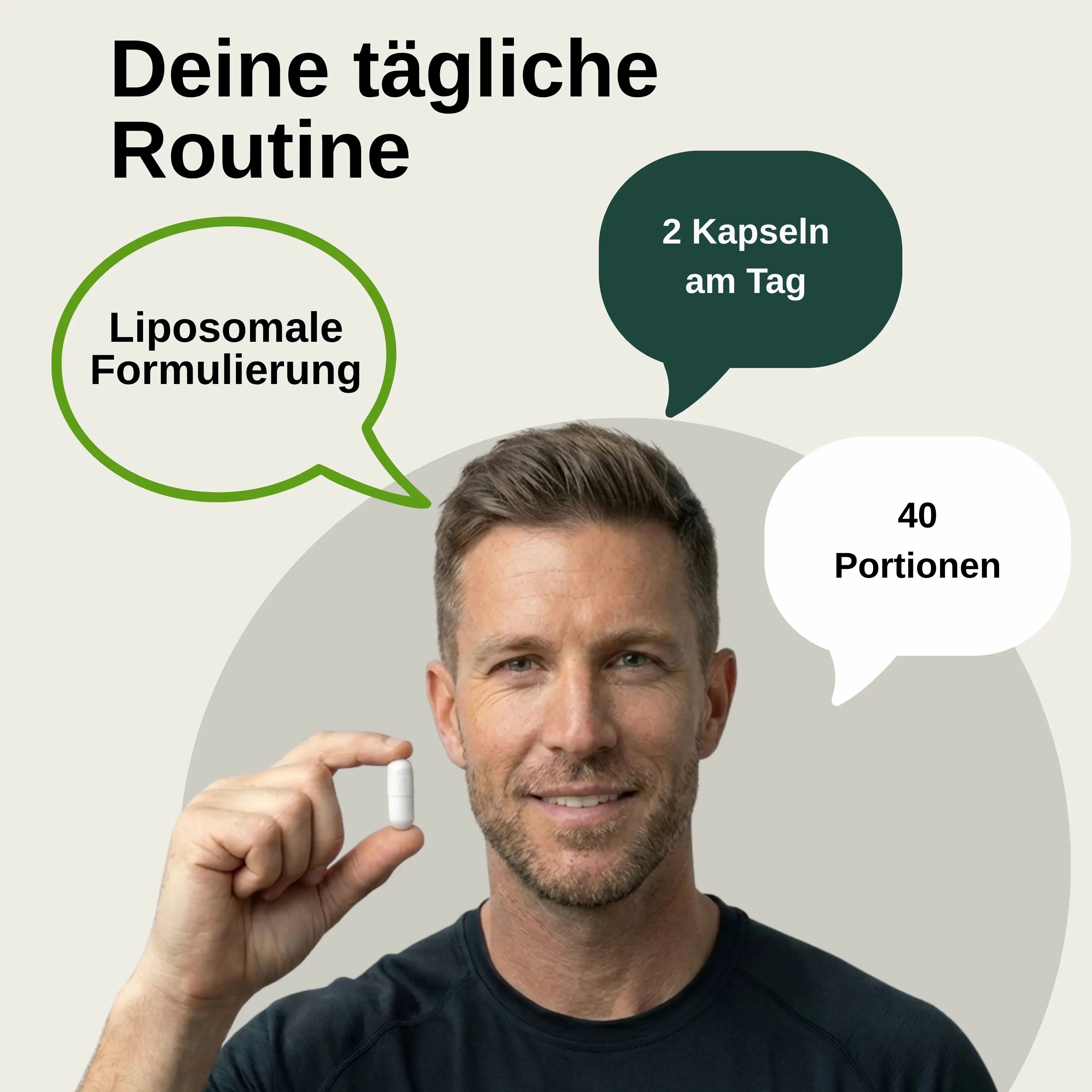 Un homme tient une capsule. Bulles : formulation liposomale, 2 capsules par jour, 40 portions.