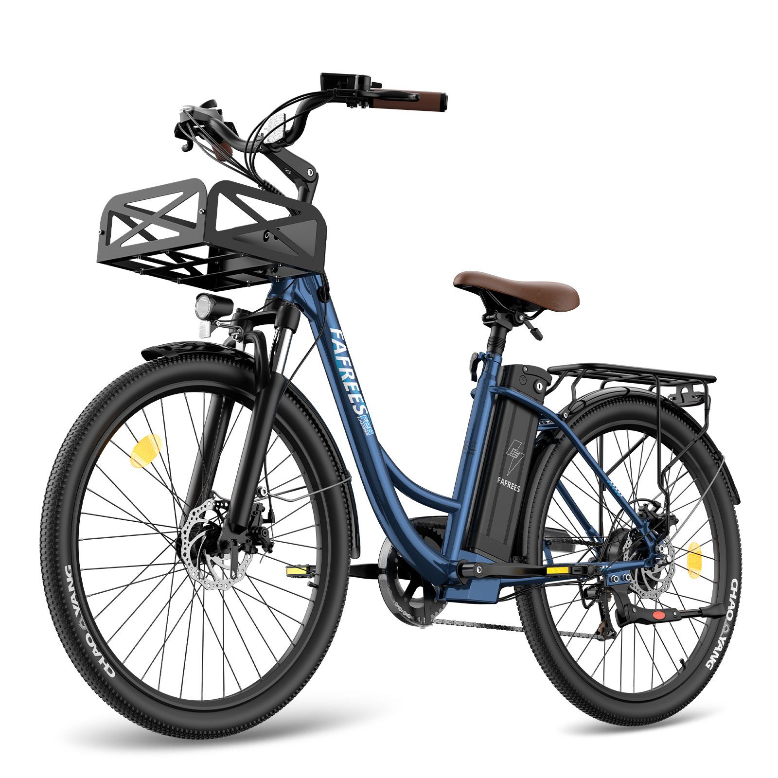 Blauwe e-bike met bruin zadel, bagagerek en mand. Merk FAFREES.