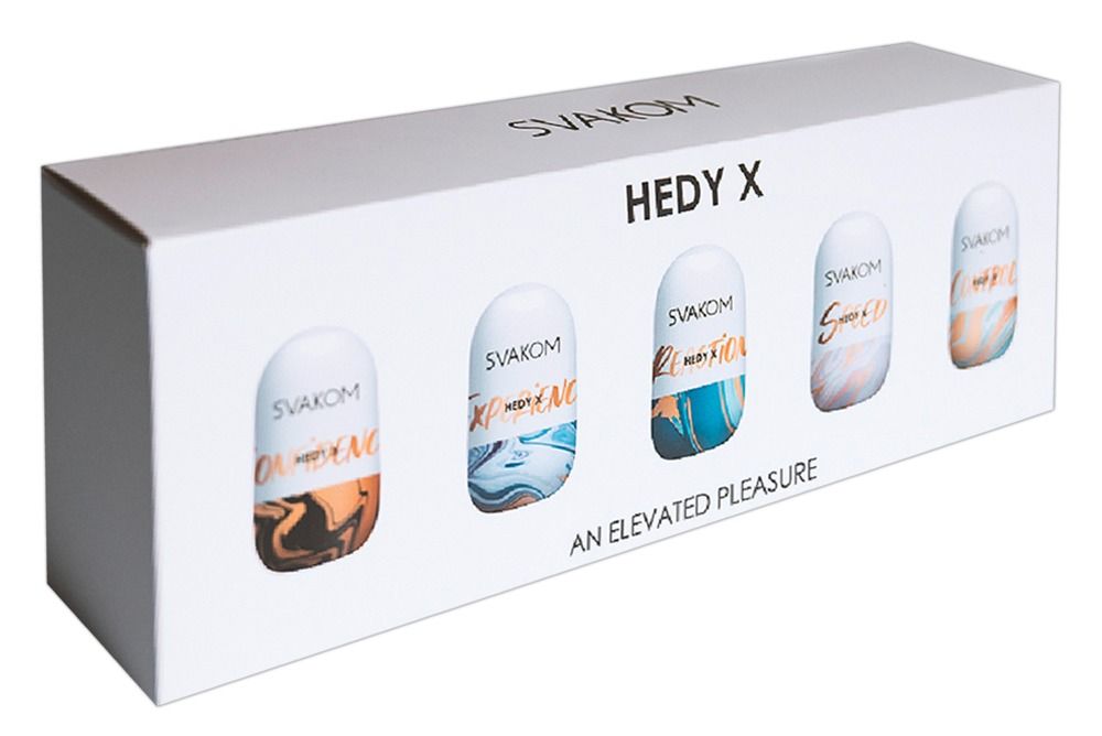 Boîte blanche avec cinq objets ovoïdes à motifs colorés. Texte : "SVAKOM HEDY X AN ELEVATED PLEASURE".