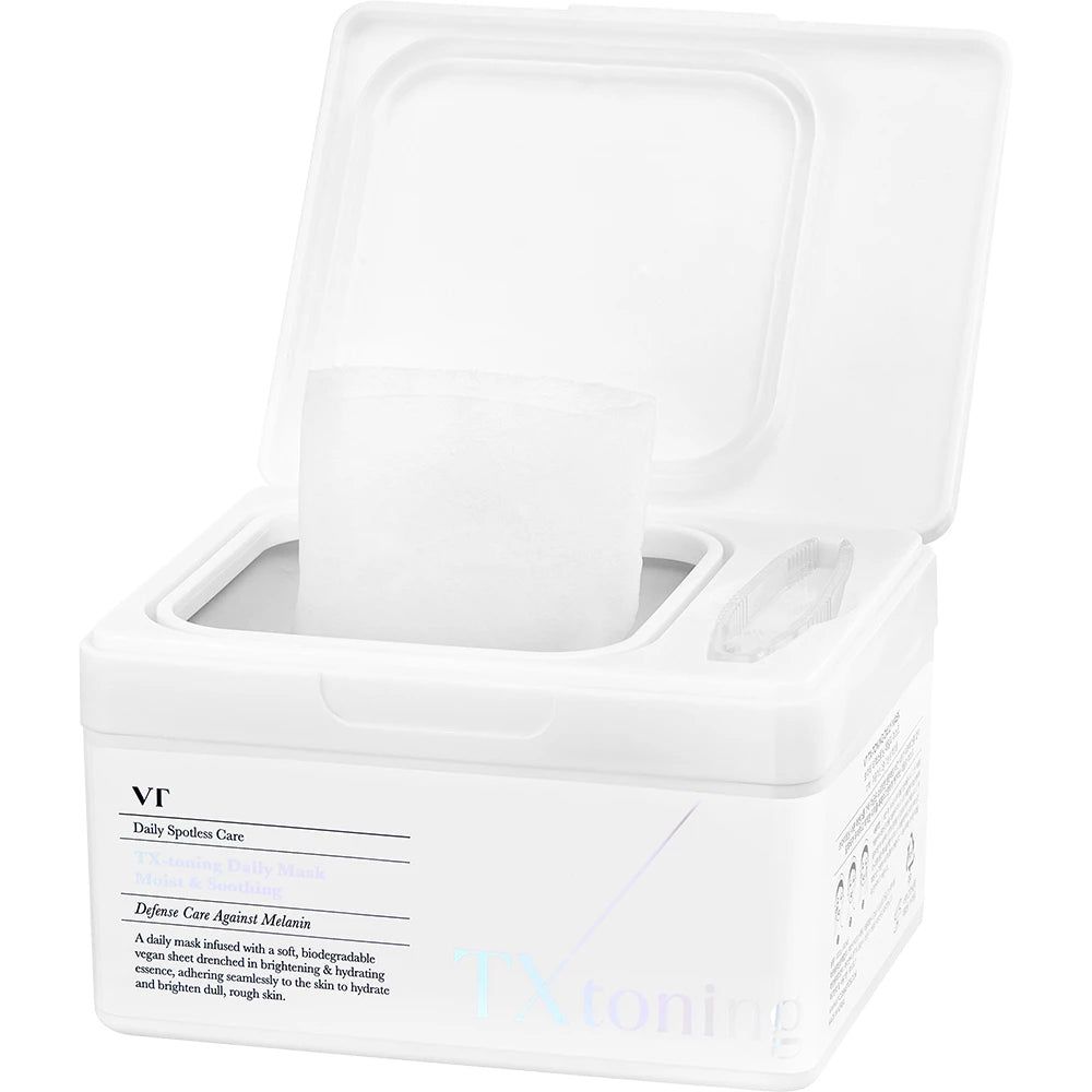 VT COSMETICS TX-Toning Dagmasker: Open verpakking met pincet en maskerbladen.