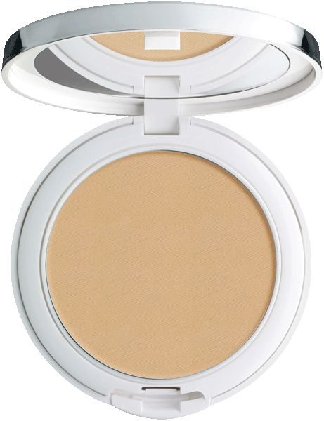 Open witte poederdoos met spiegel. Beige crème foundation.