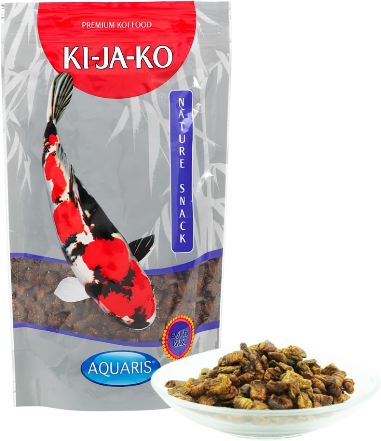 KI-JA-KO Koifischfutter Nature Snack en sachet. À côté, un bol de nourriture. Logo Aquaris.