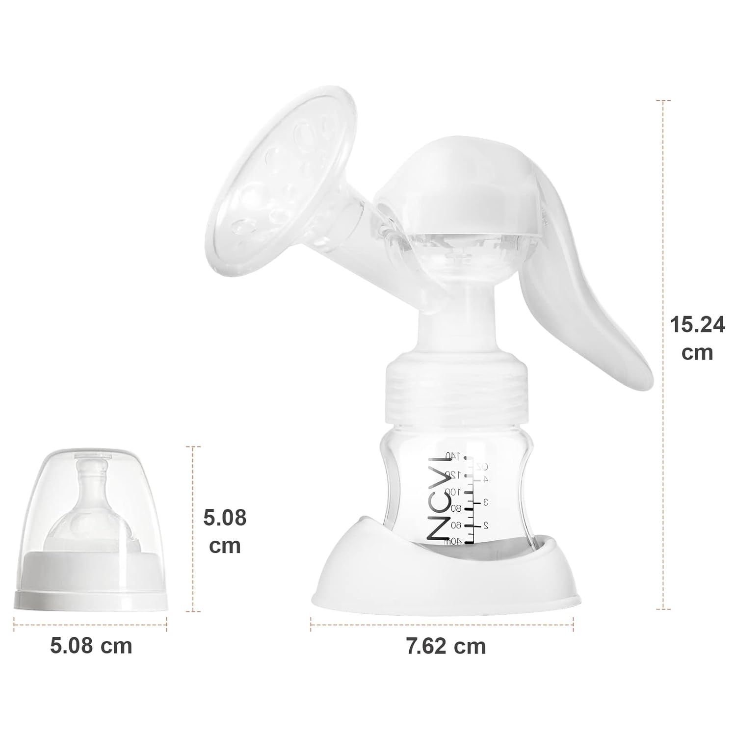 Tire-lait manuel blanc avec flacon. Dimensions: 15,24 cm hauteur, 7,62 cm largeur. Capuchon: 5,08 cm.