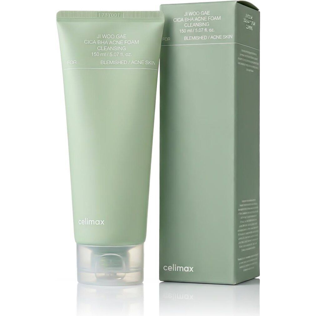 Celimax Ji Woo Gae Cica BHA acne reinigingsschuim tube en verpakkingsdoos.
