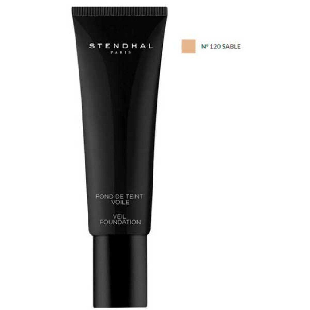 Tube noir STENDHAL PARIS. Inscription "FOND DE TEINT VOILE". Référence couleur N° 120 SABLE.