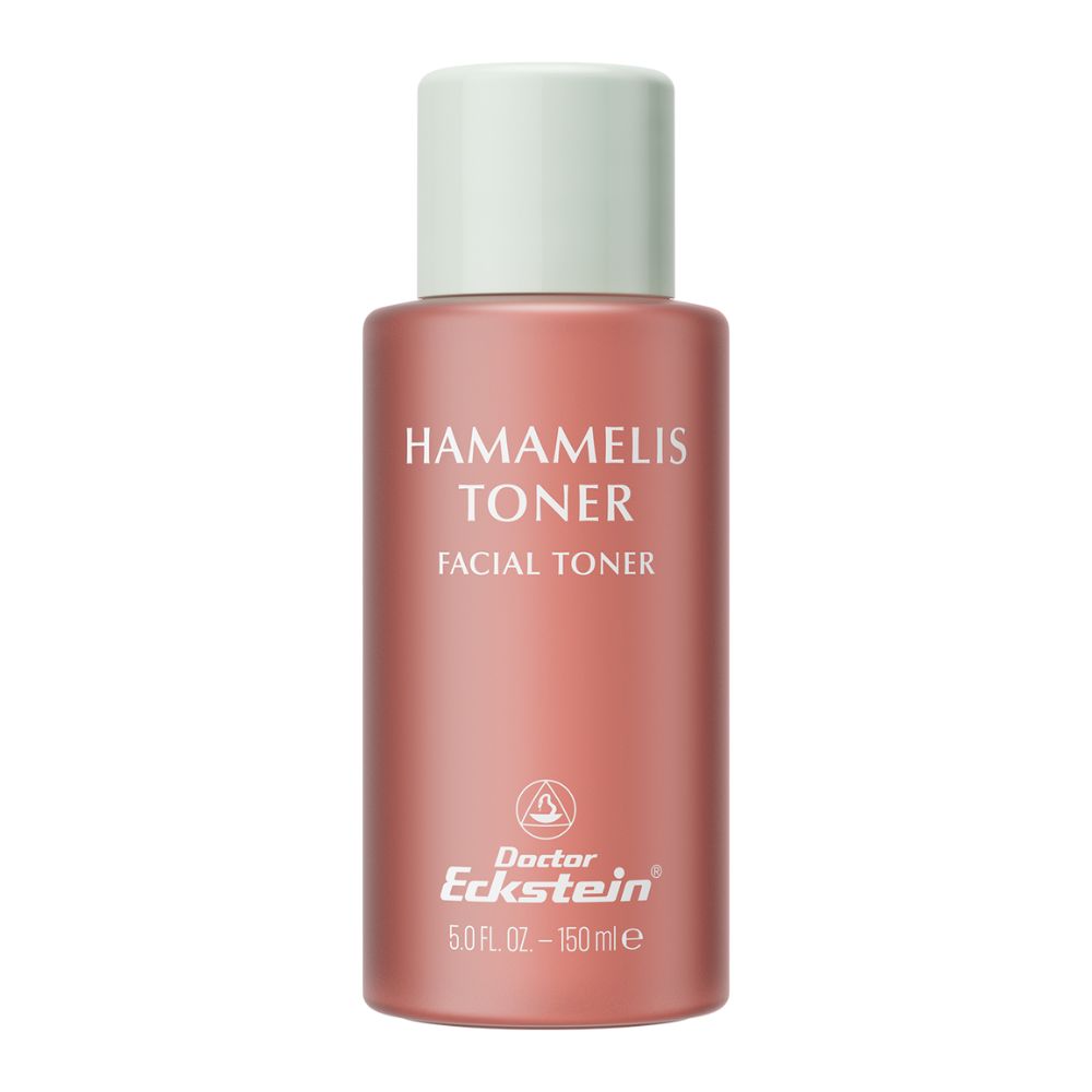 Flacon rose avec bouchon blanc. Inscriptions: Hamamelis Toner, Facial Toner, Doctor Eckstein. Volume: 5.0 FL OZ - 150 ml.