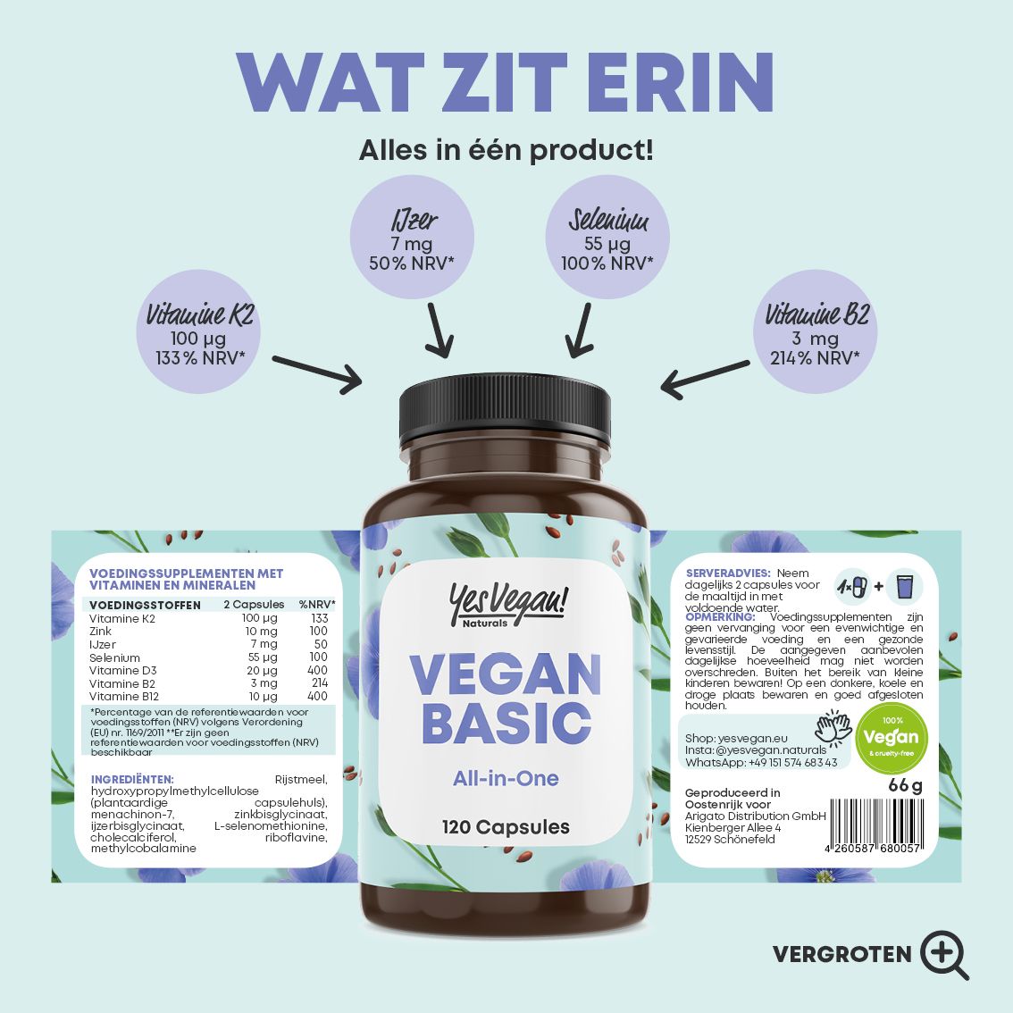 Fles Yes Vegan! Naturals Vegan Basic All-in-One Multivitamine, 120 Capsules, met label '100% Vegan'.