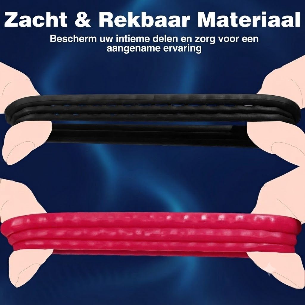 Twee rekbare ringen, een zwarte, een rode, worden door handen vastgehouden.
