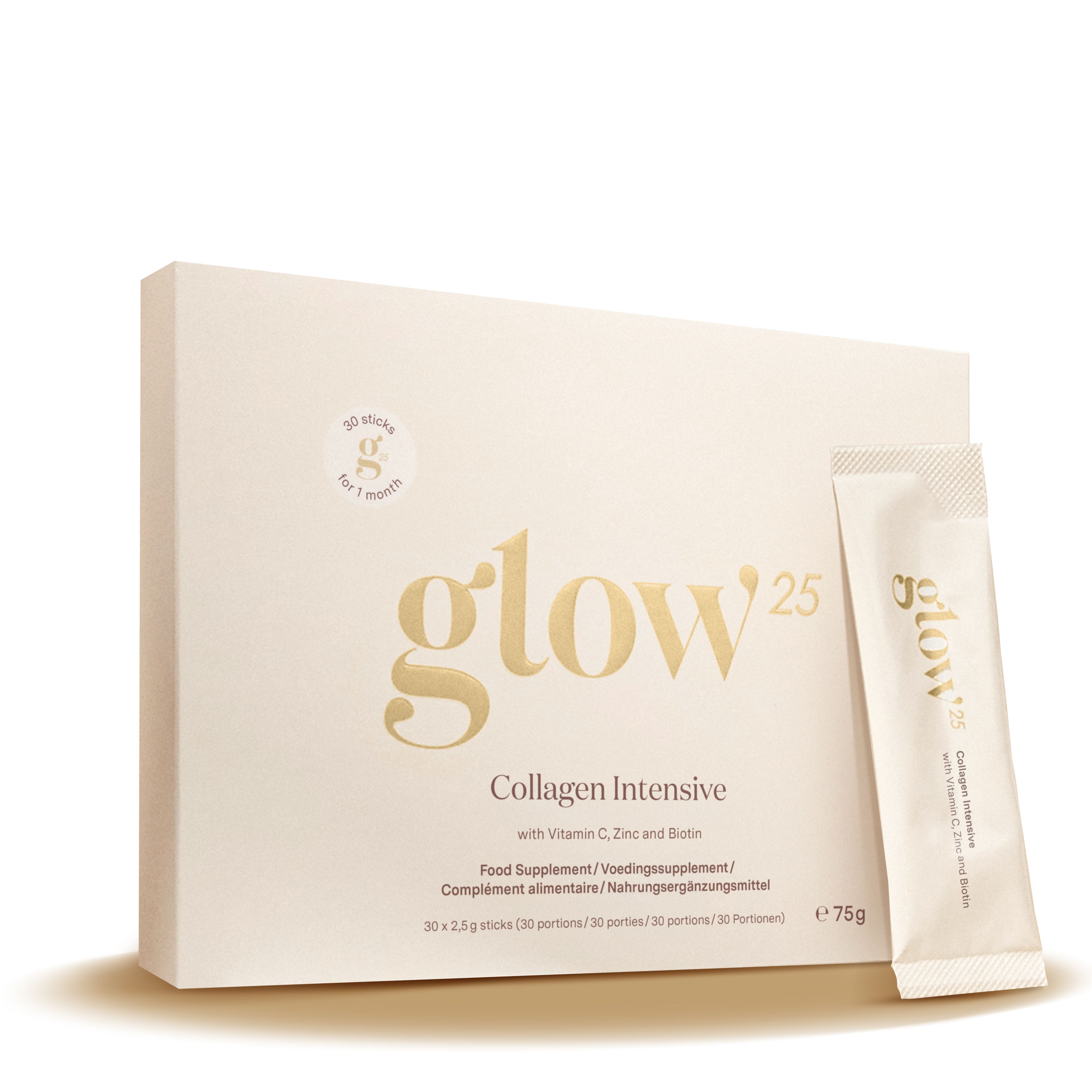 Boîte beige avec logo Glow25 et nom du produit. Contient 30 sticks. Un stick est à côté.