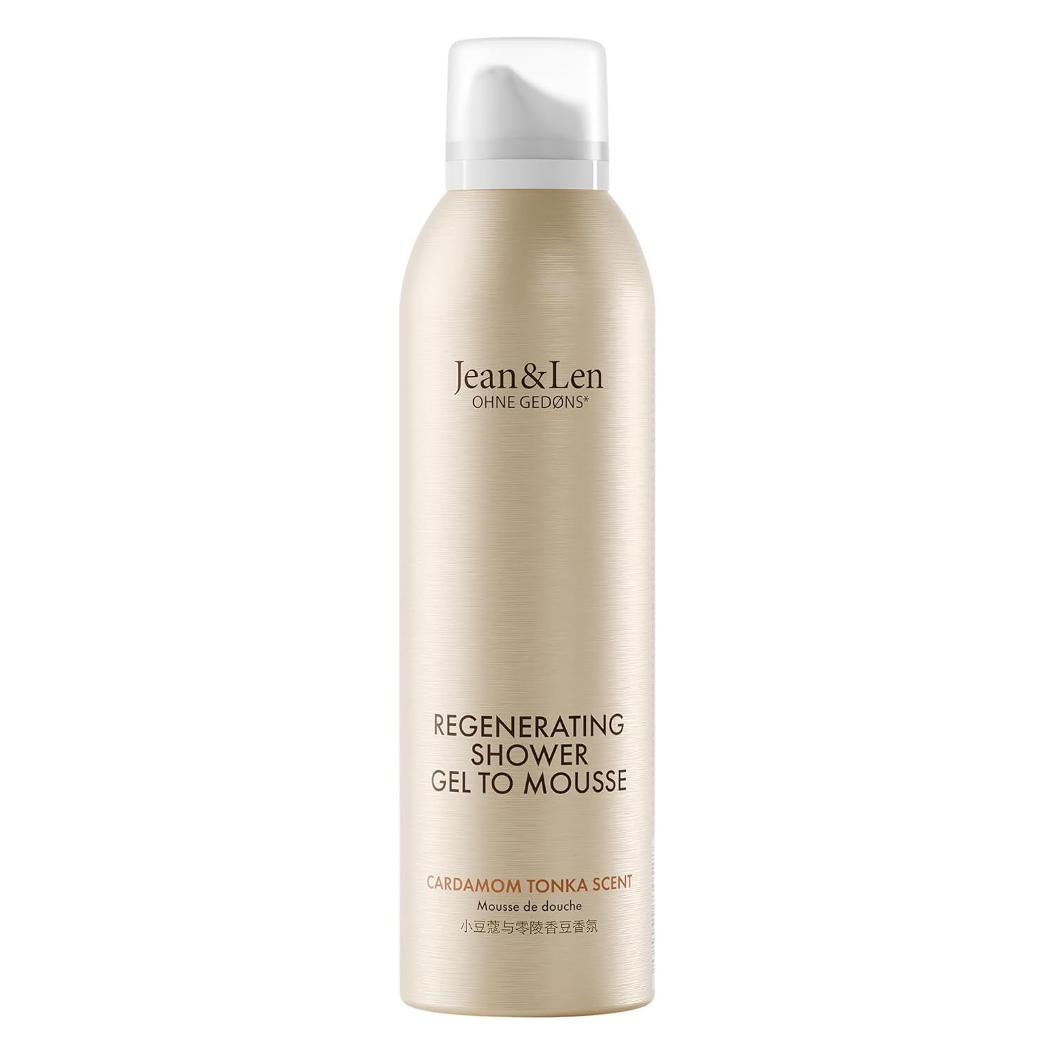 Beige fles met witte dop. Tekst: Jean & Len, Regenerating Shower Gel To Mousse, Cardamom Tonka Scent.