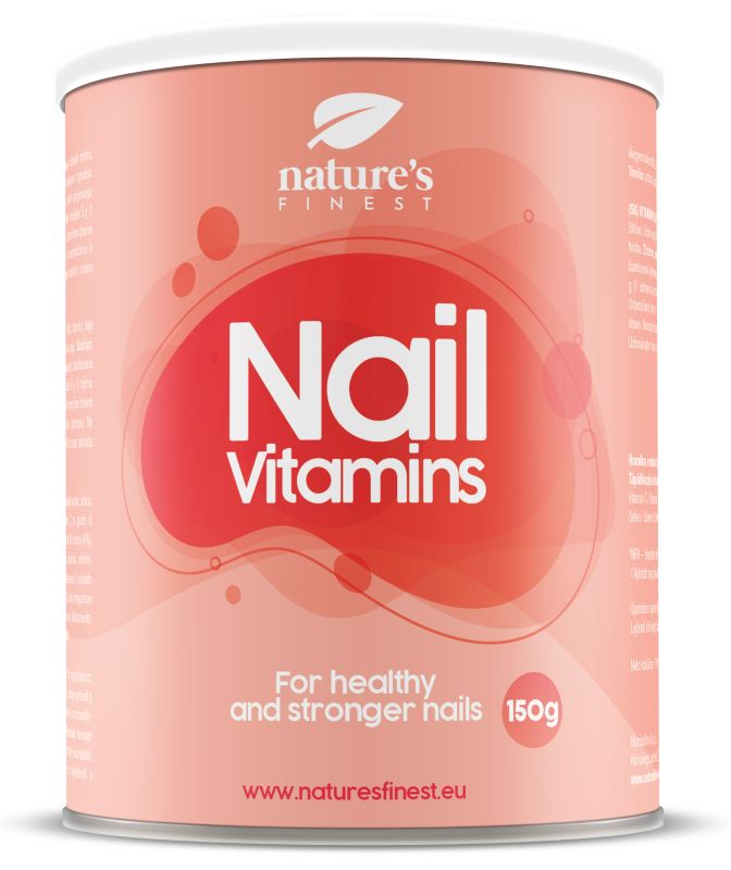 Boîte ronde "Nail Vitamins". Design rose et blanc. Texte: "For healthy and stronger nails". 150g.
