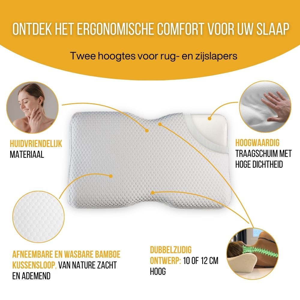 Ergonomisch kussen. Traagschuim. Bamboehoes. Dubbelzijdig ontwerp. Wit.