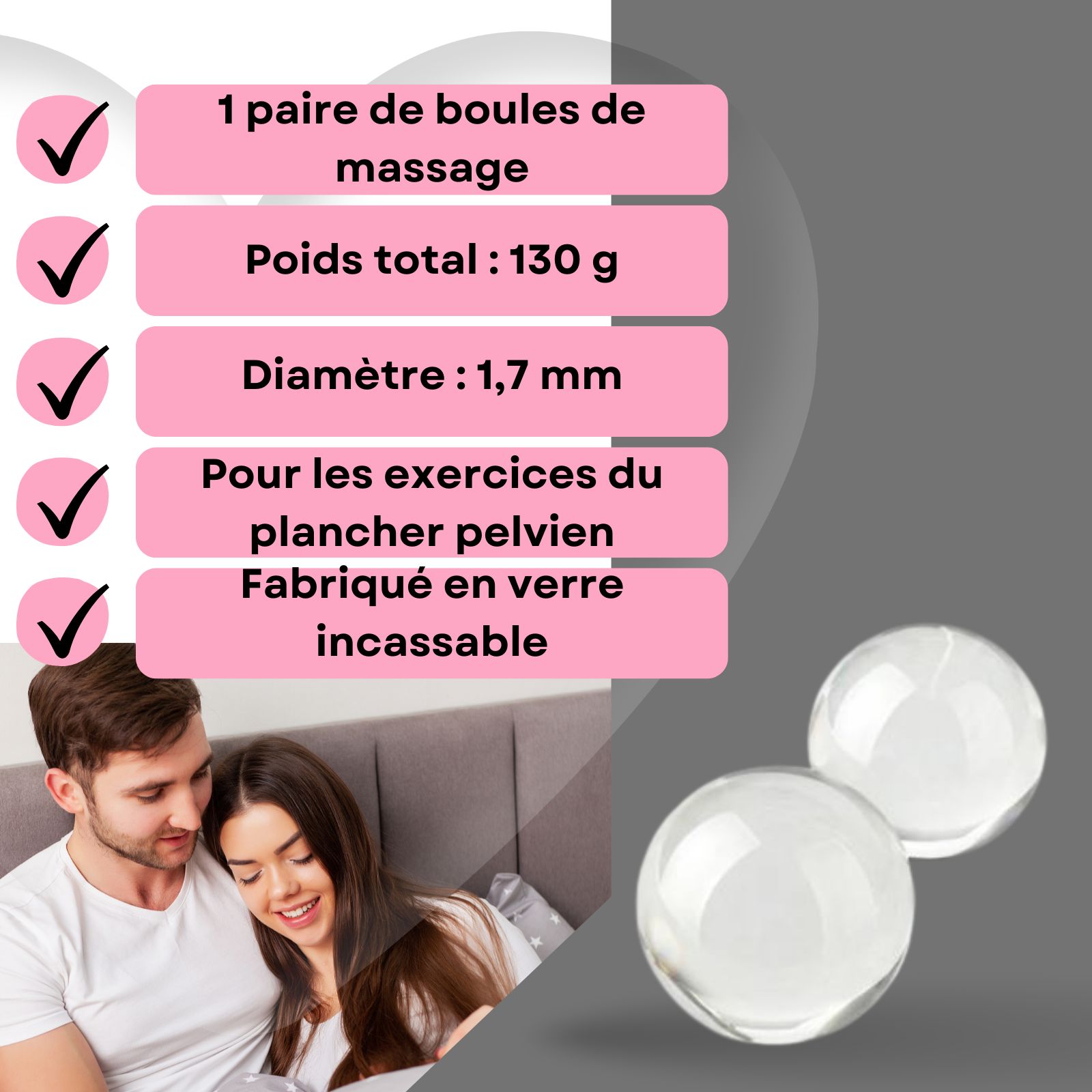 Deux boules de massage transparentes en verre, diamètre 1,7 mm, poids total 130 g.