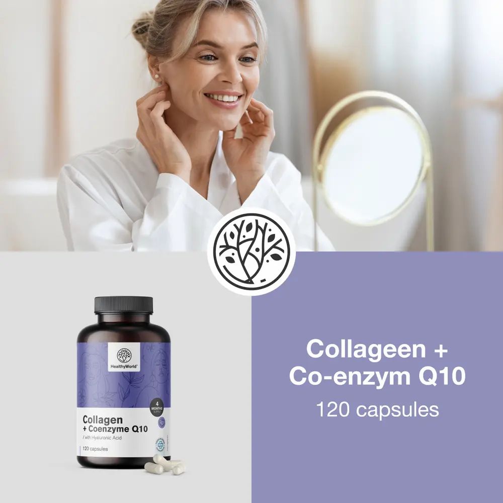 Vrouw voor spiegel met fles en capsules. Opschrift: Collageen + Co-enzym Q10. 120 capsules. HealthyWorld logo.