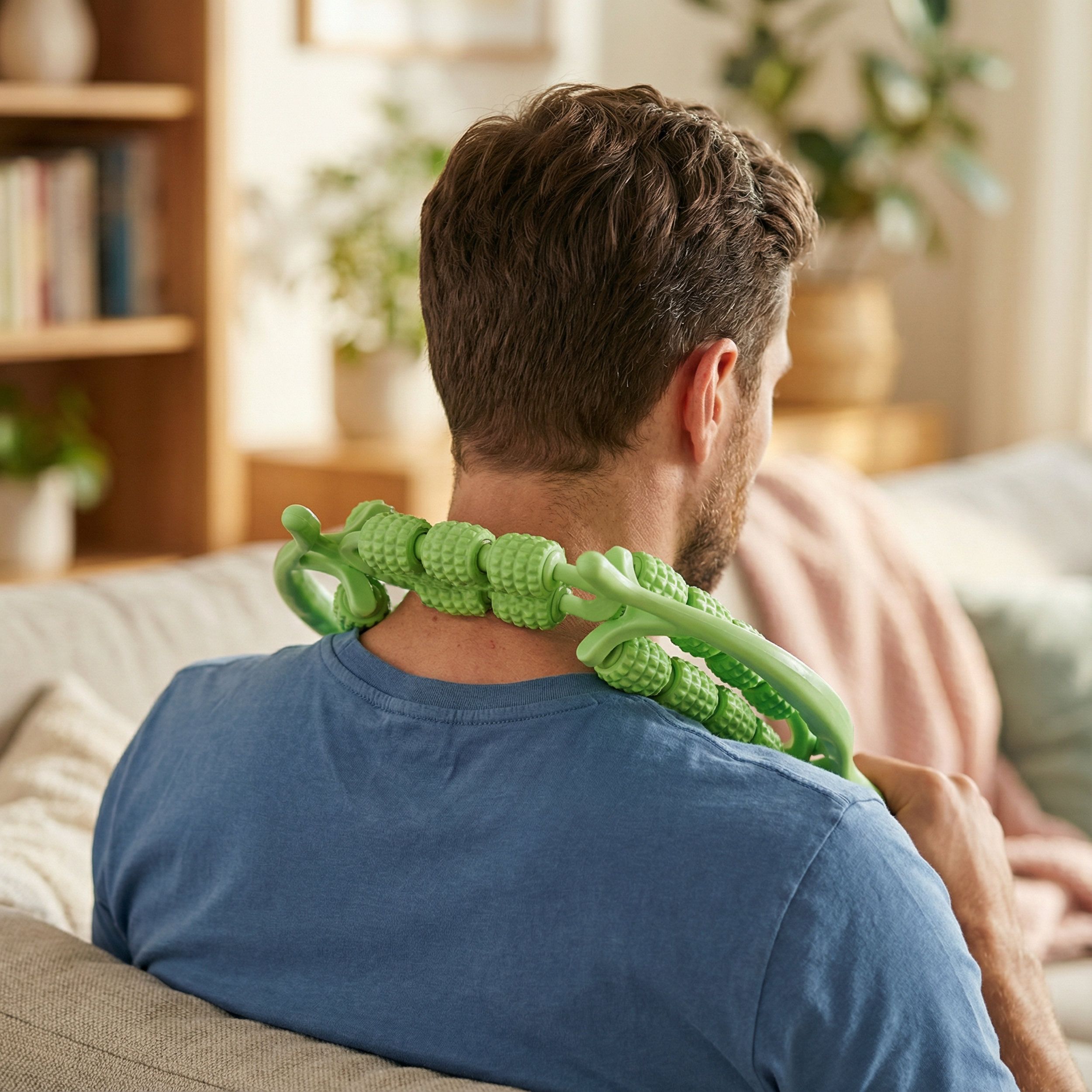 Groene massageroller met handvatten, gebruikt op nek. Man zit op een bank.
