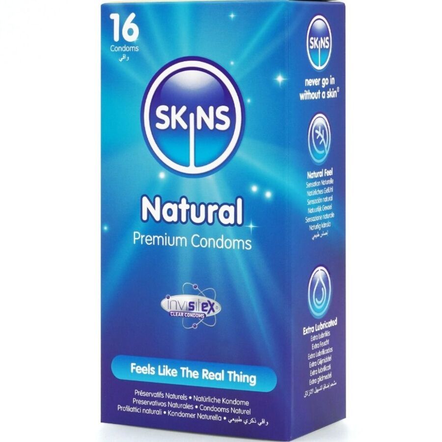 Boîte de 16 préservatifs Skins Natural. Emballage bleu avec logo et texte multilingue. Inscription « Feels Like The Real Thing ».