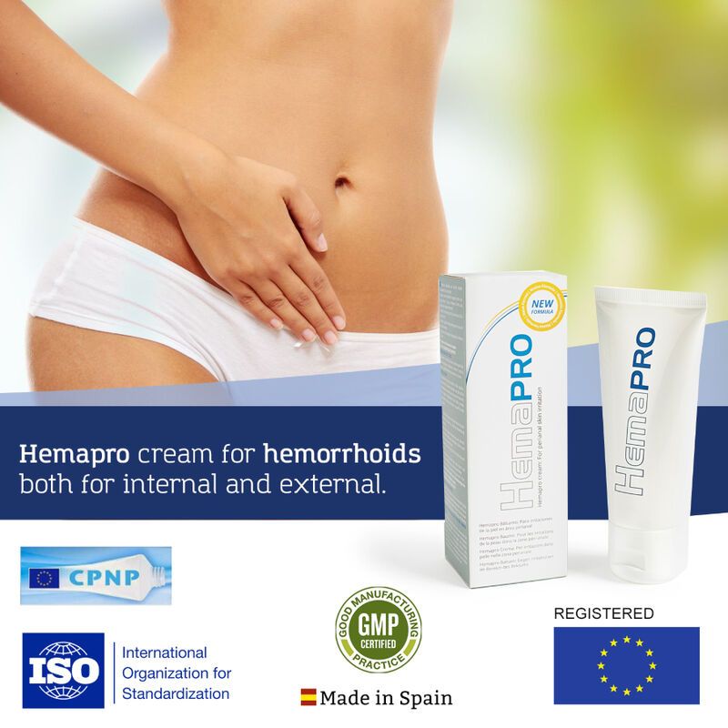 Femme en sous-vêtements blancs, emballage et tube HemaPRO. Certifications: CPNP, GMP, ISO. Fabriqué en Espagne.