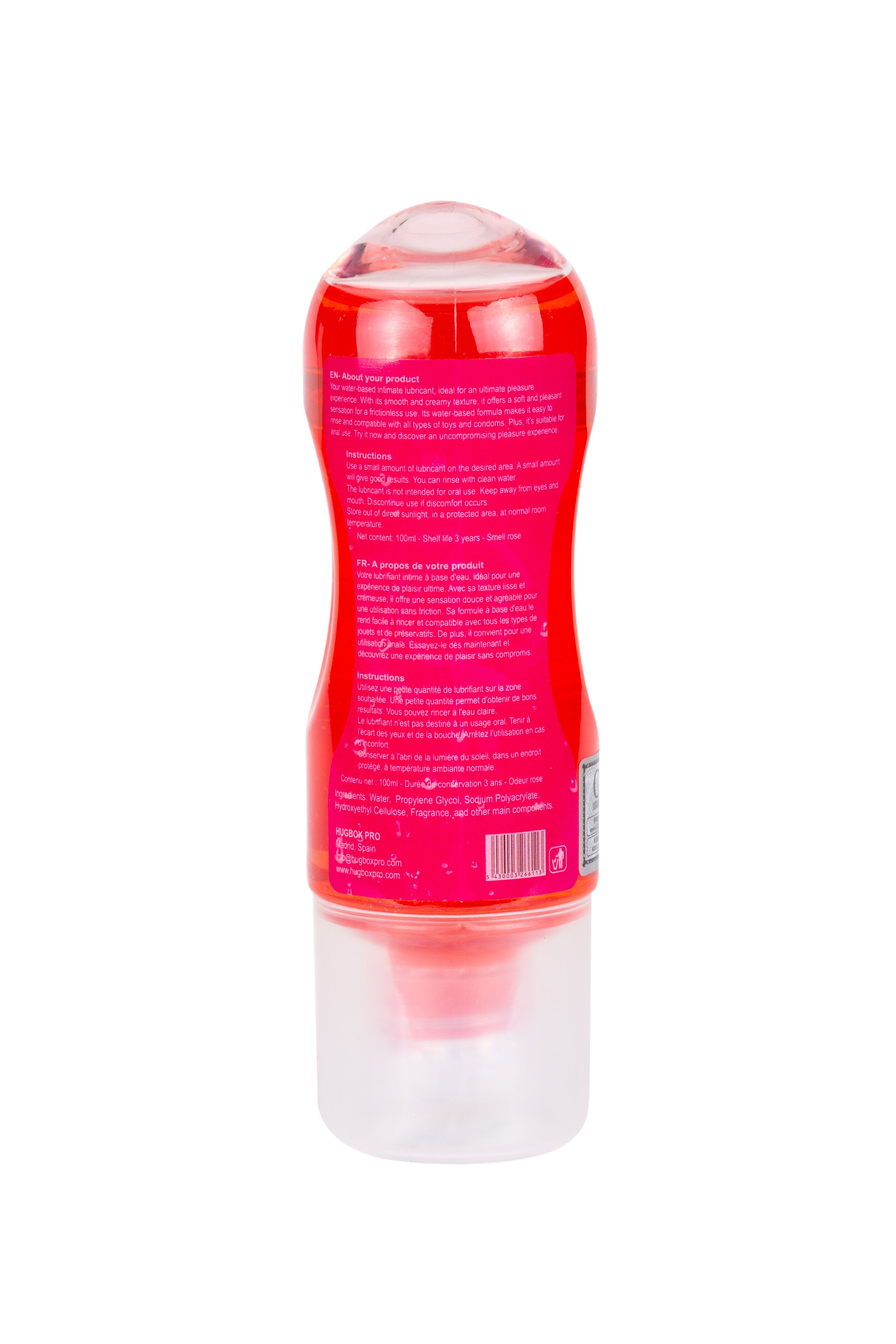 Flacon rouge translucide, liquide rose. Tête de dosage transparente. Étiquette avec texte et code-barres. Nom du produit non visible.