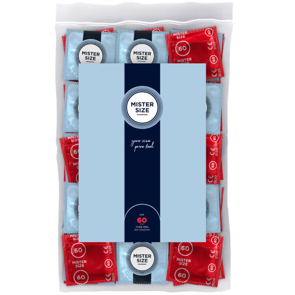 Verpakking met condooms. Zichtbaar: Mister Size, 60 stuks. Rode en blauwe individuele verpakkingen in een transparante zak.