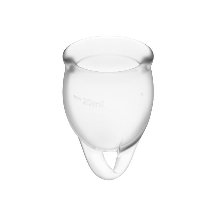 Coupe menstruelle transparente. Capacité : 20 ml. Avec poignée.