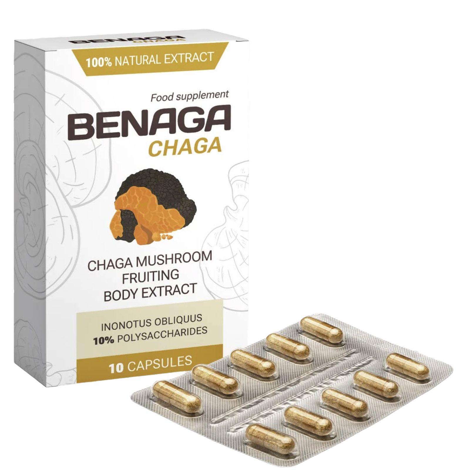 Boîte blanche avec logo "BENAGA CHAGA" et illustration de champignon chaga. À côté, blister de gélules. Texte : "100% Natural Extract", "10 Capsules".