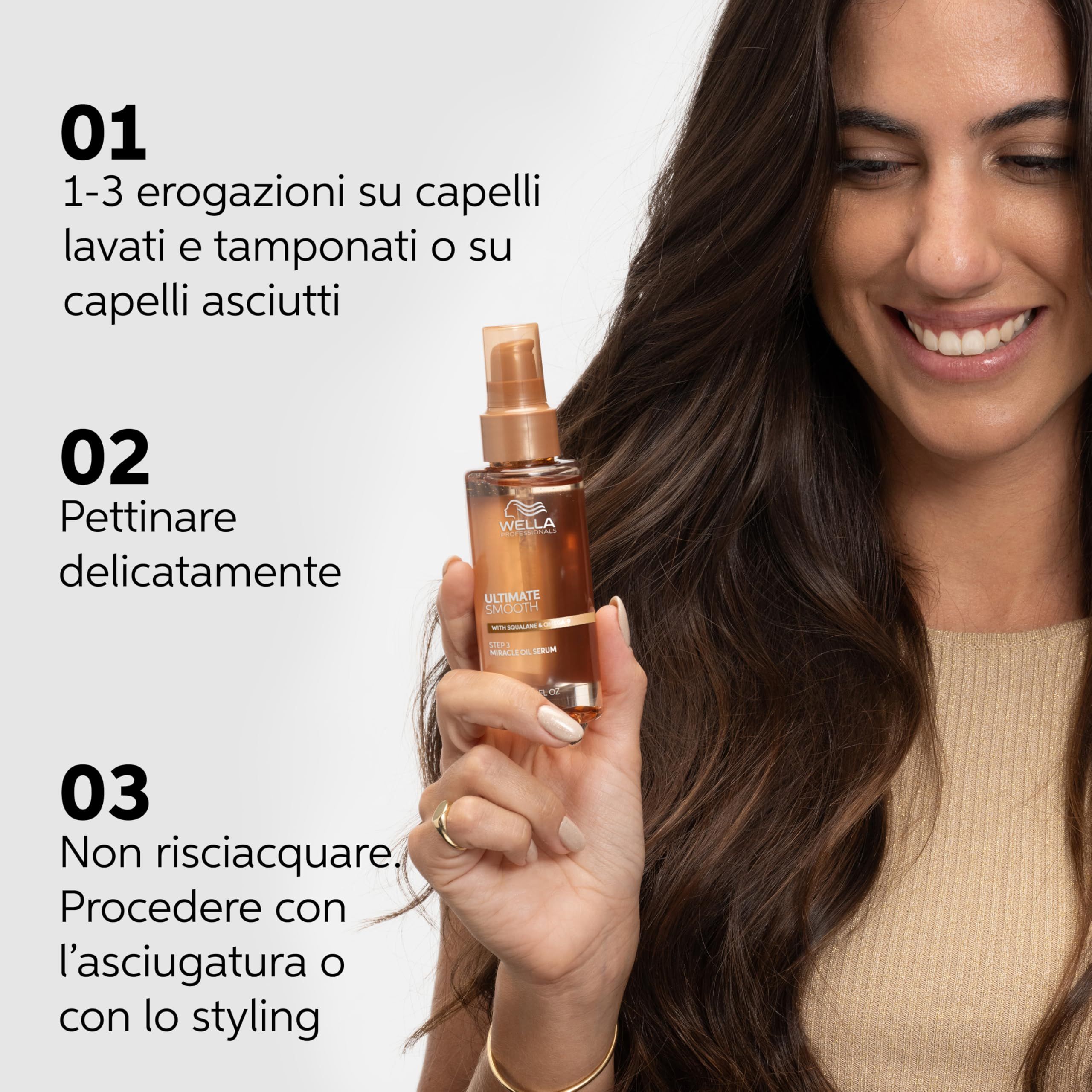 Femme tenant un flacon Ultimate Smooth Miracle Oil Serum. Instructions : 1-3 pulvérisations, peigner, ne pas rincer.