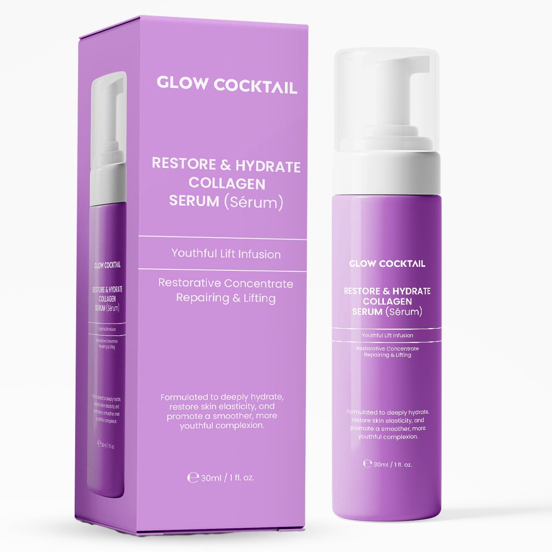 Paarse fles en verpakking met tekst GLOW COCKTAIL, RESTORE & HYDRATE COLLAGEN SERUM. Bevat een pompkop.