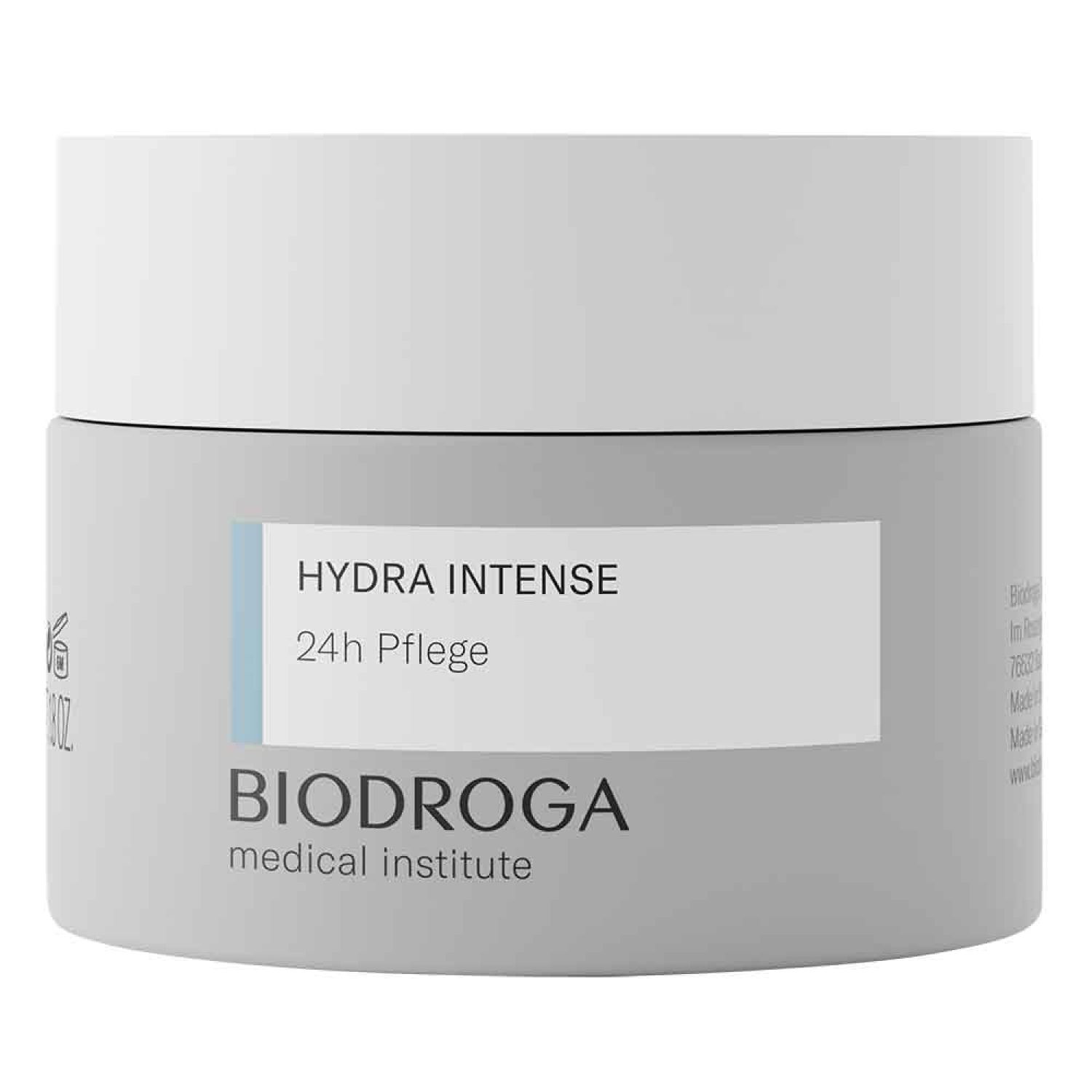 Crèmepot met deksel. Opschrift: HYDRA INTENSE 24h Pflege. Merk: BIODROGA medical institute.