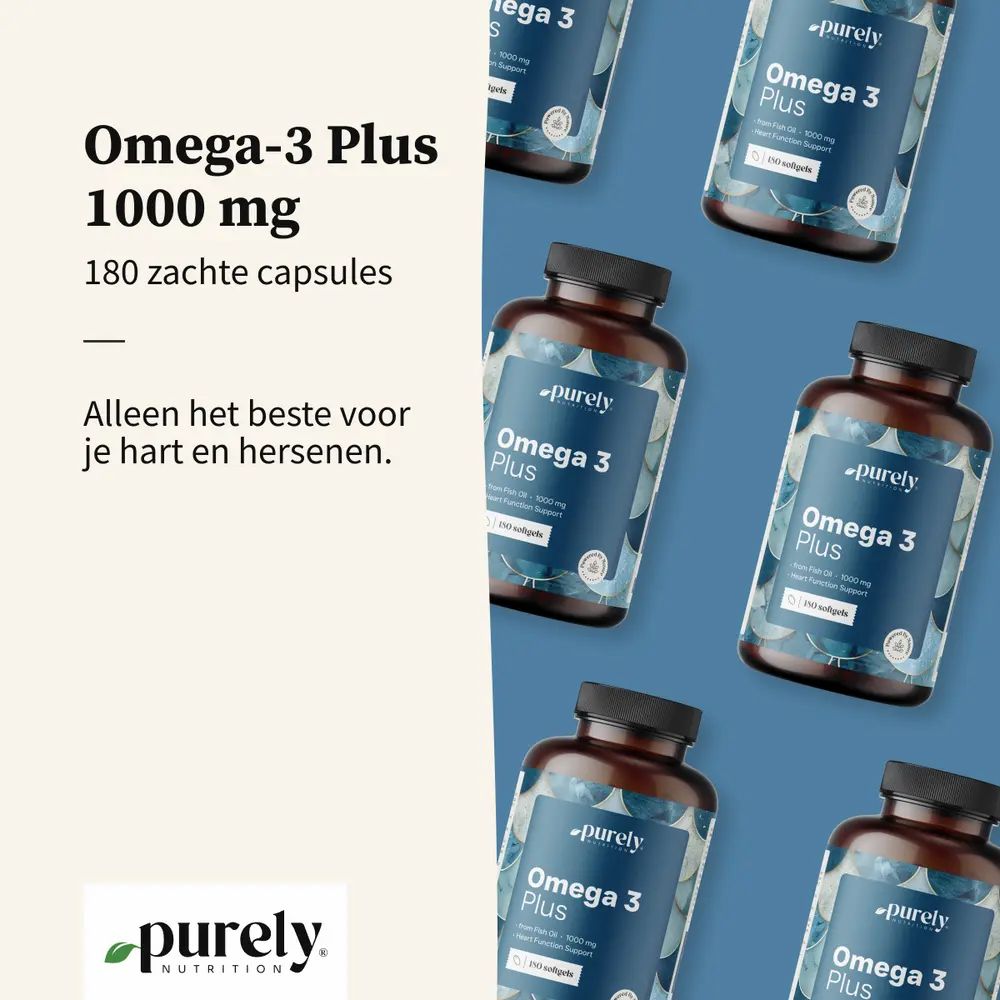 Meerdere flessen Omega-3 Plus. Opschrift: 1000 mg, 180 capsules. Voor hart en hersenen.