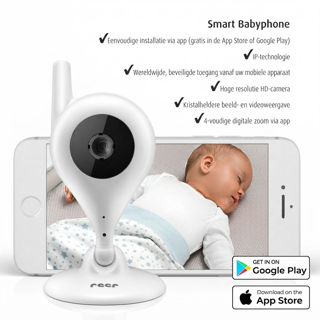 Witte Smart Babyphone camera met HD-camera en IP-technologie, toont slapende baby op smartphone-display.